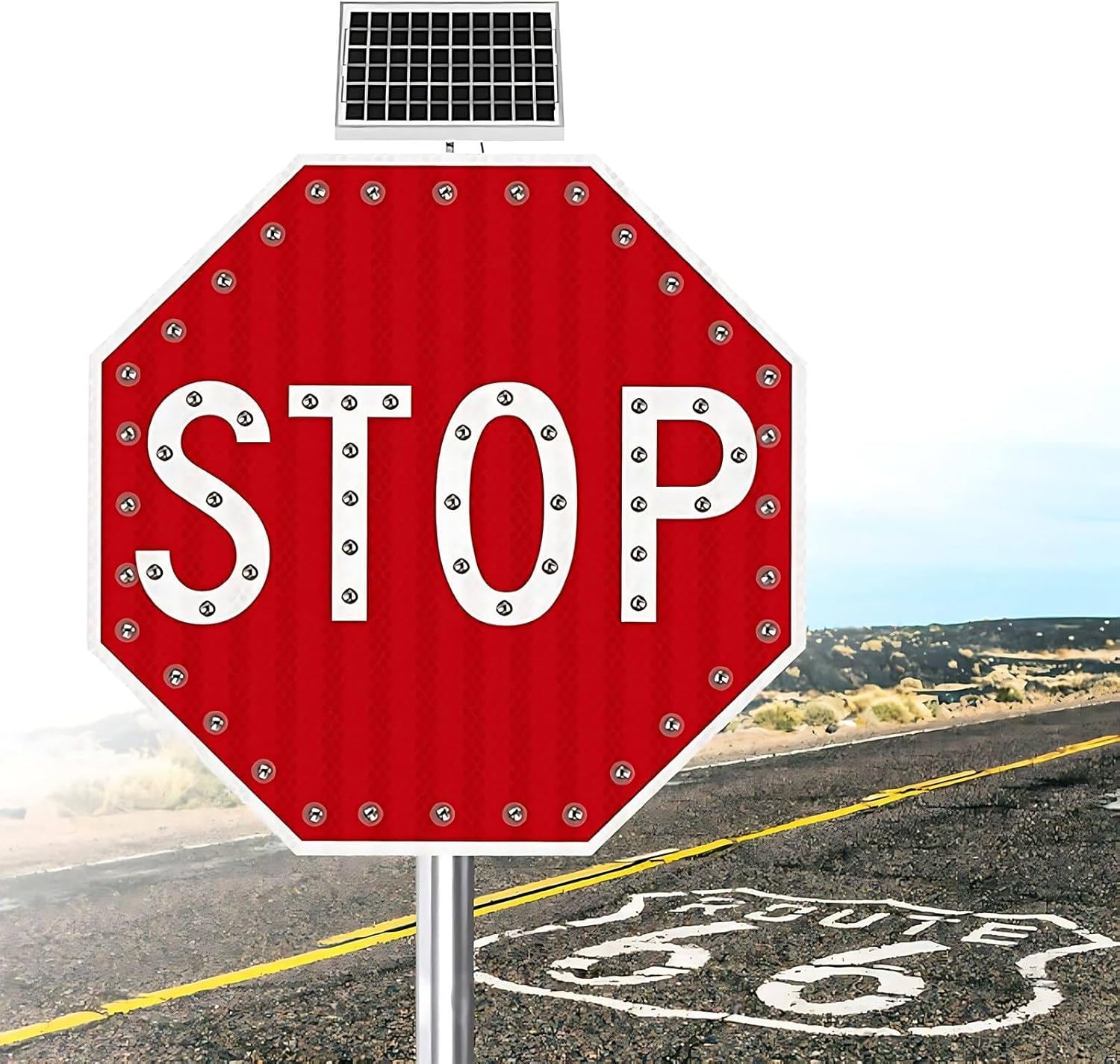 32" Solar Powered LED Stop Sign - Aluminum Octagon Blinking Traffic Warning Sign for Road Safety - Durable Street Sign, Flashing Stop Signal, 80cm