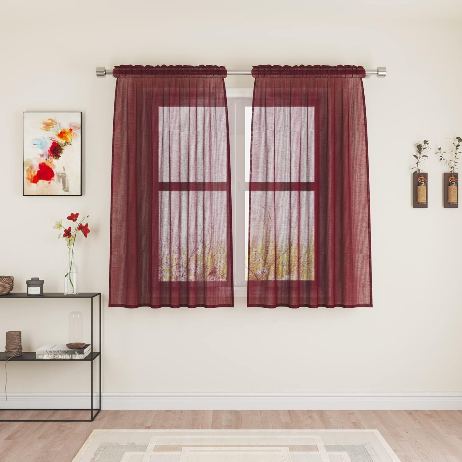 UPOPO Burgundy Red Sheer Curtains 54 inches Long Living