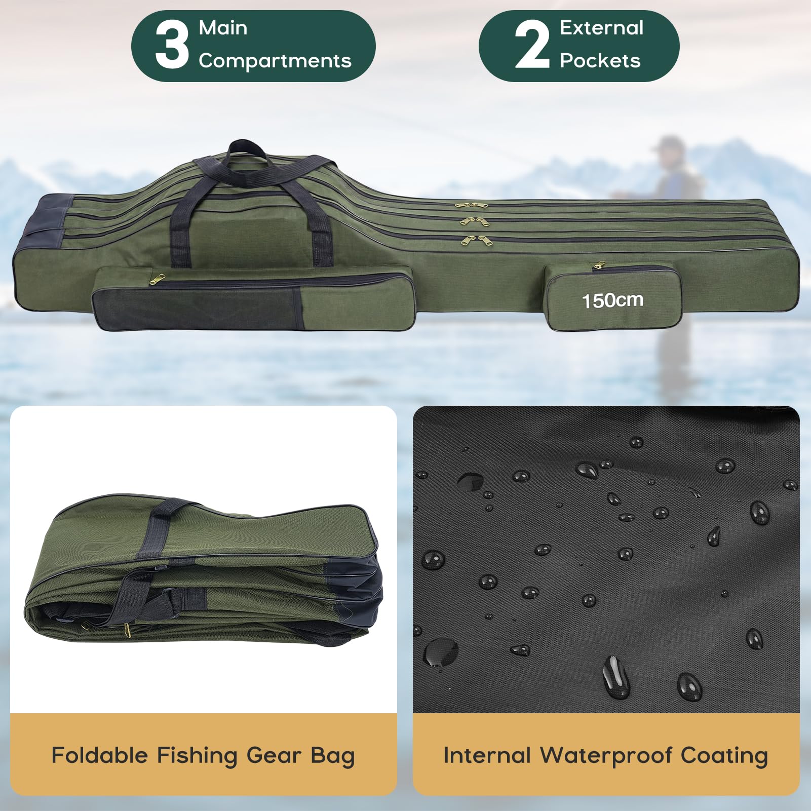Angelrutentasche Angeltasche Rutentasche Rod Case mit 3 Fächern für Outdoor-Angelruten, 150cm Faltender Angelrute Tasche, Angelrute Werkzeuge Aufbewahrungstasche, Tragbare Angelgerät Tasche (Grün)