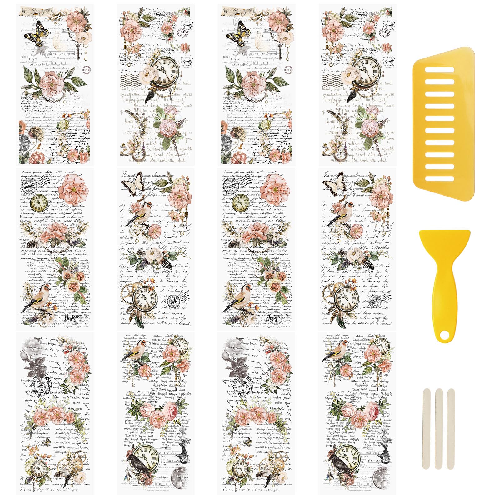 WANDIC 12 Sheets Retro Rub On Transfer Stickers, 6 Sheets Pink Retro Flowers Decals Clock Stickers Rose Decals with Letters Waterproof Decals for DIY Scrapbooking