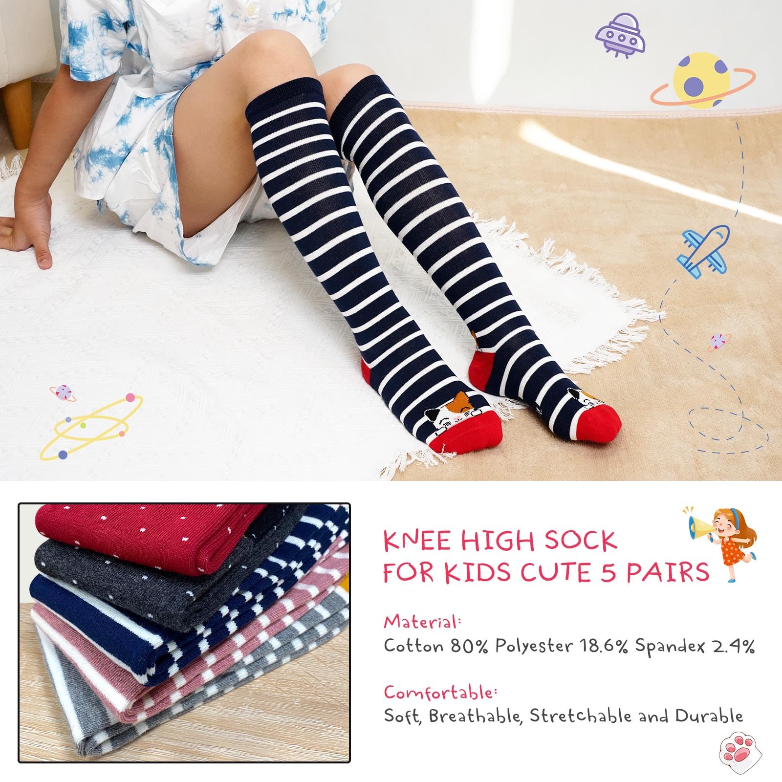 Artfasion Calcetines altos hasta la rodilla para niñas: calcetines largos divertidos de dibujos animados, transpirables, sin costuras, para niños de 2 a 14 años