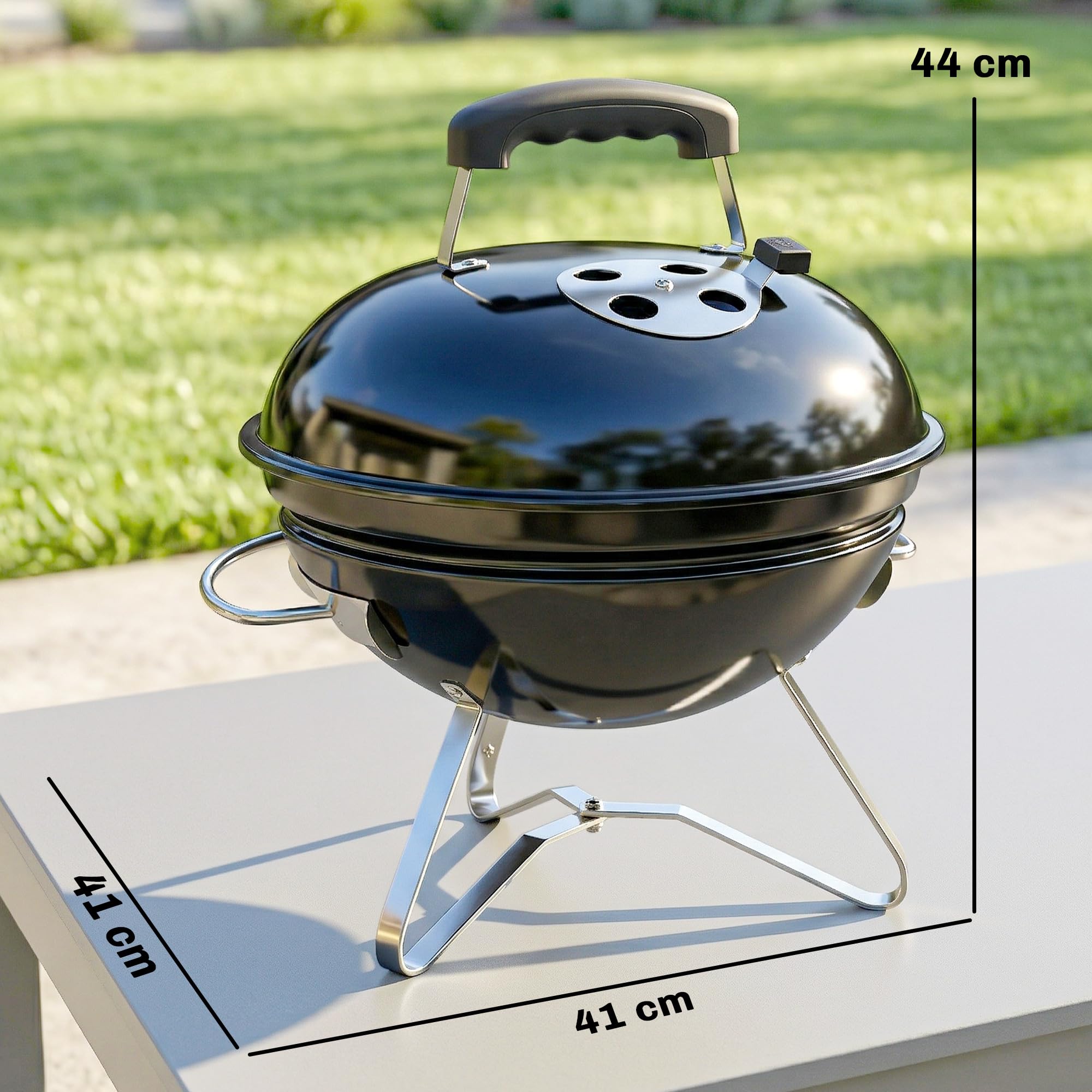 Outsunny Grill na węgiel drzewny, BBQ Smoker z uchwytem pokrywy, przenośny grill kulisty z regulowanymi otworami wentylacyjnymi, grill węglowy na kemping, taras, do ogrodu, 41 x 41 x 44 cm, czarny