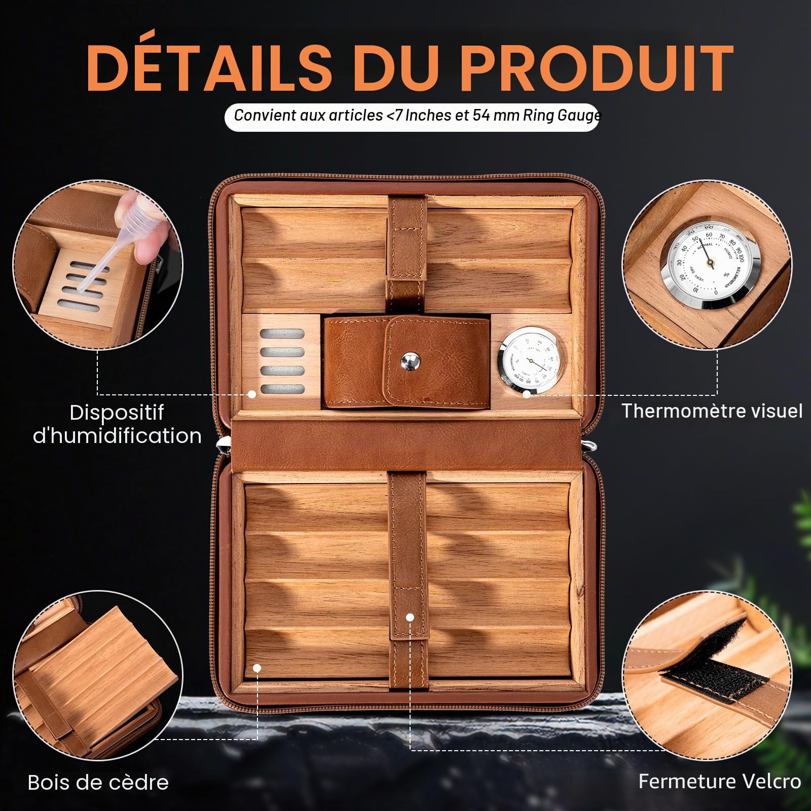 Étui en cuir de cèdre avec hygromètre, capacité : 6 pièces, outil rehausseur de dessin, cadeaux pour homme (marron)