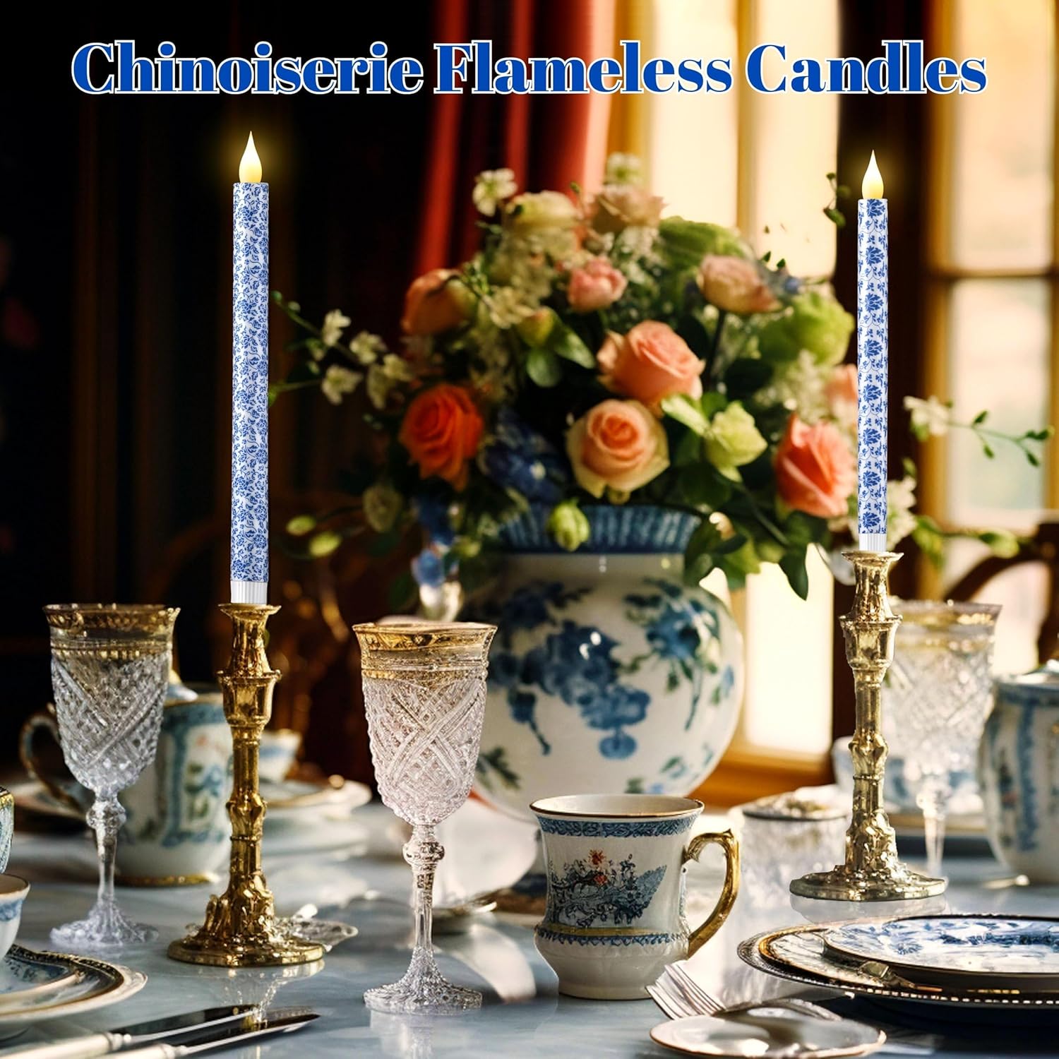 6 Pcs Blue and White Chinoiserie Flameless Candles – 10.6 Inch Porcelain Style Taper Candlesticks, Battery Operated LED Blue Candles for Wedding, Home & Table Centerpiece Decor