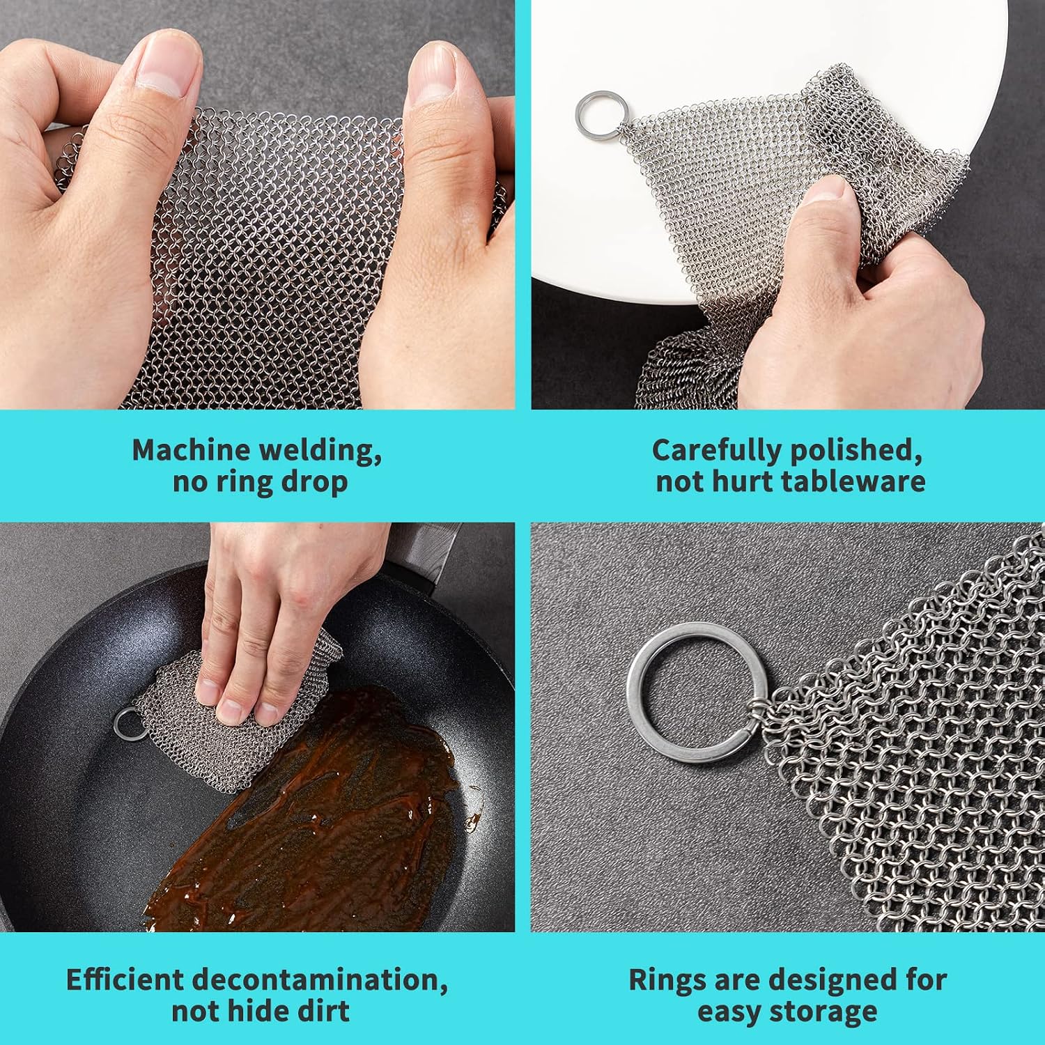 Cast Iron Cleaner 8 * 8" Upgraded Stainless Steel Chainmail Scrubber SJZSUNRUN 316L Metal Skillet for Pan, Camping, RV, BBQ, Baking, Vases, Barbecue Grill, Copper Cooker Cleaning