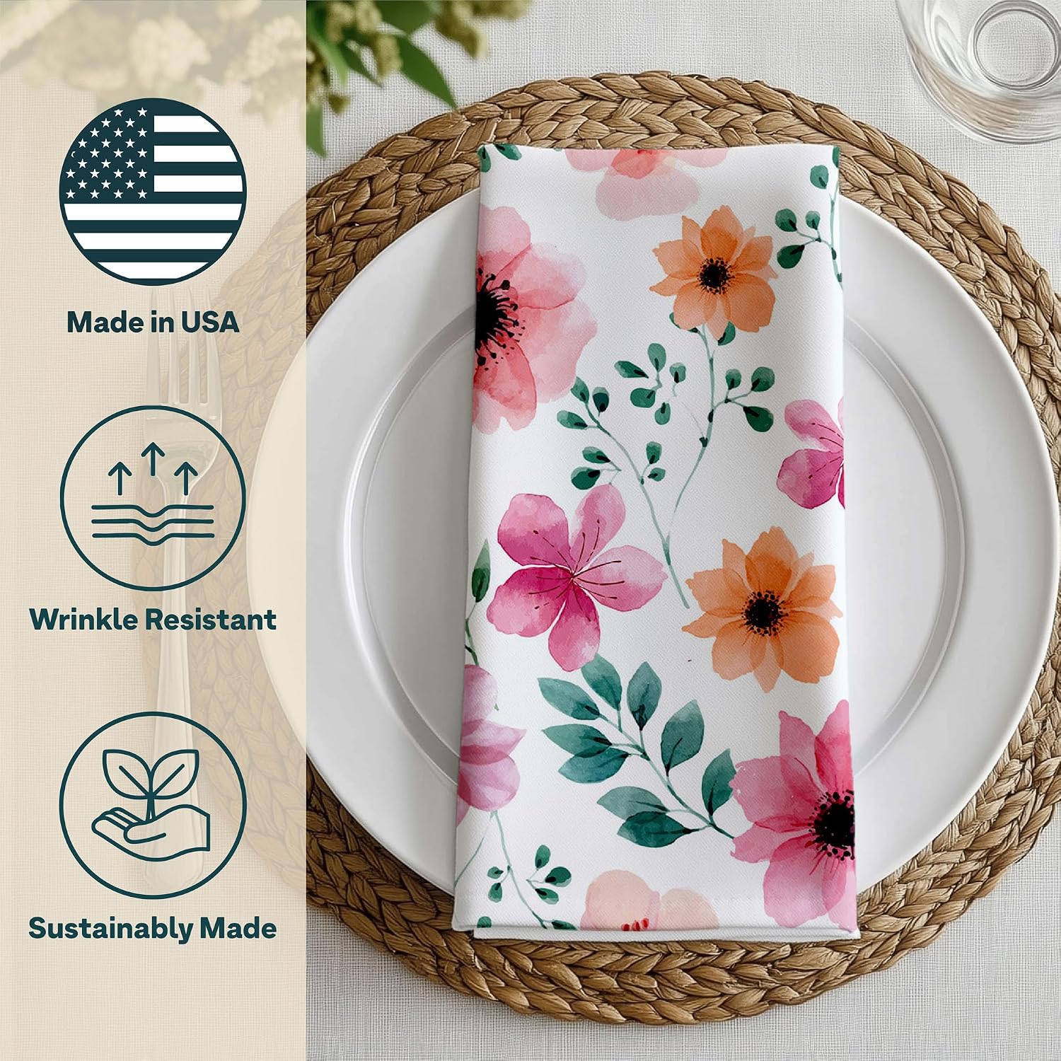 Floral Napkins | Made in USA | 18" x 18" Cloth Table Napkins | Absorbent, Washable, Reusable, Stain & Wrinkle Resistant | Spring Home Decor | Pink, Sage Green, Orange | Blossom Watercolors - 12pack