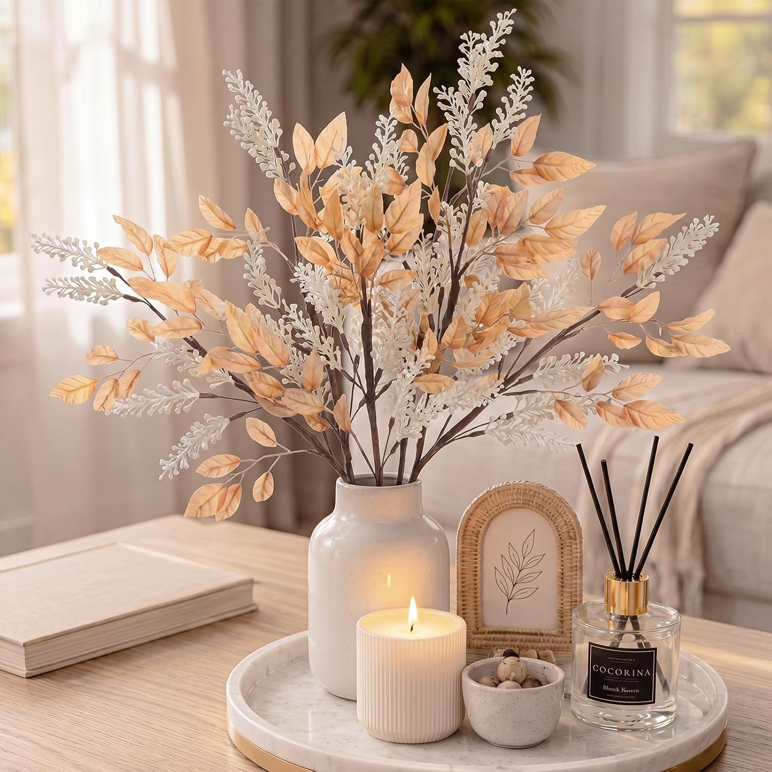 Suncalla 6 Pcs Brown Cream Faux Fall Stems for Vases Leaves Floral Picks