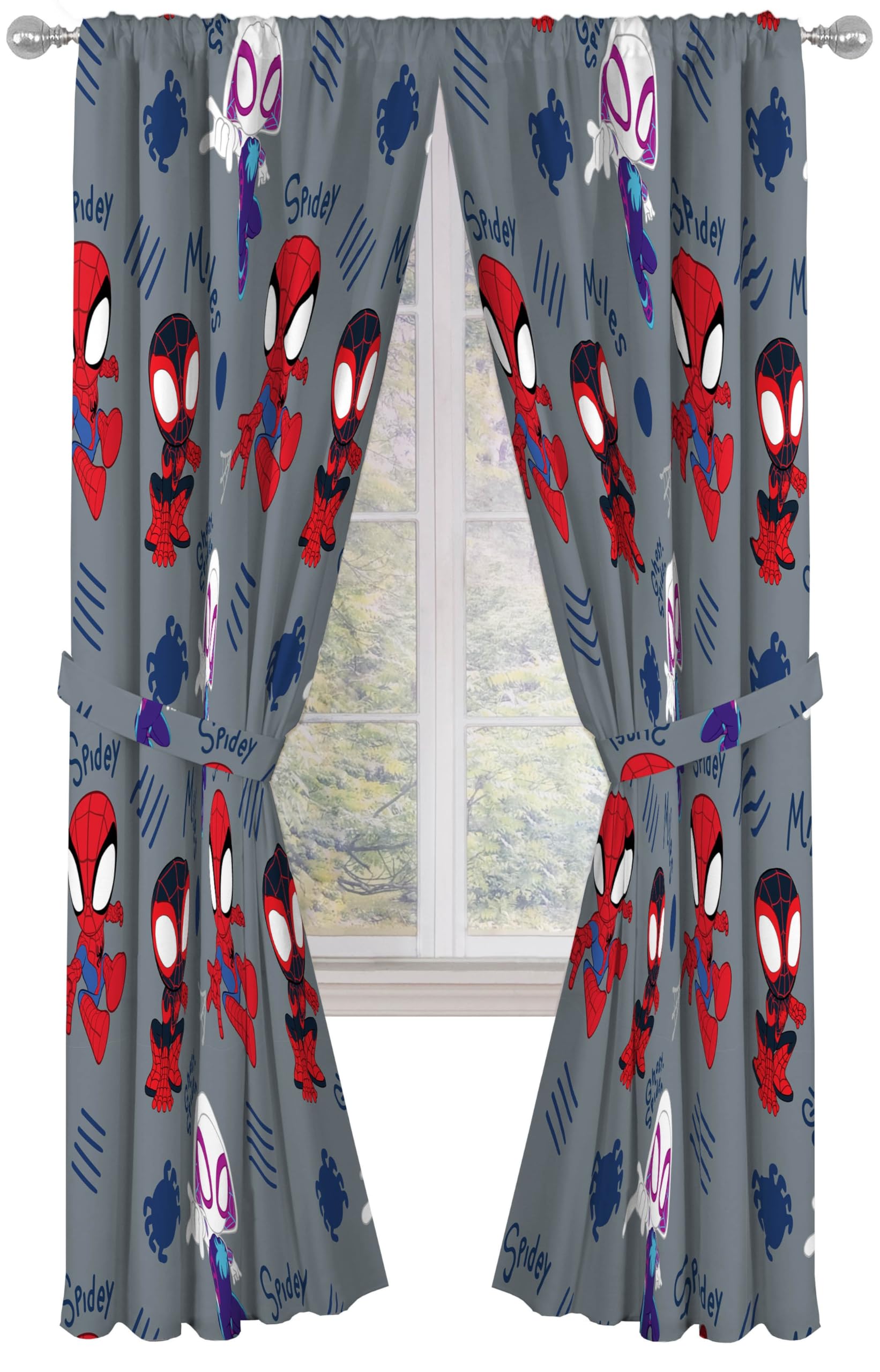 Jay Franco Window Curtains for Kids Bedroom 4-Piece Drape Set with 2 Tiebacks, Grey - Spidey & His Amazing Friends, 42" W x 84" L (Pack of 2)