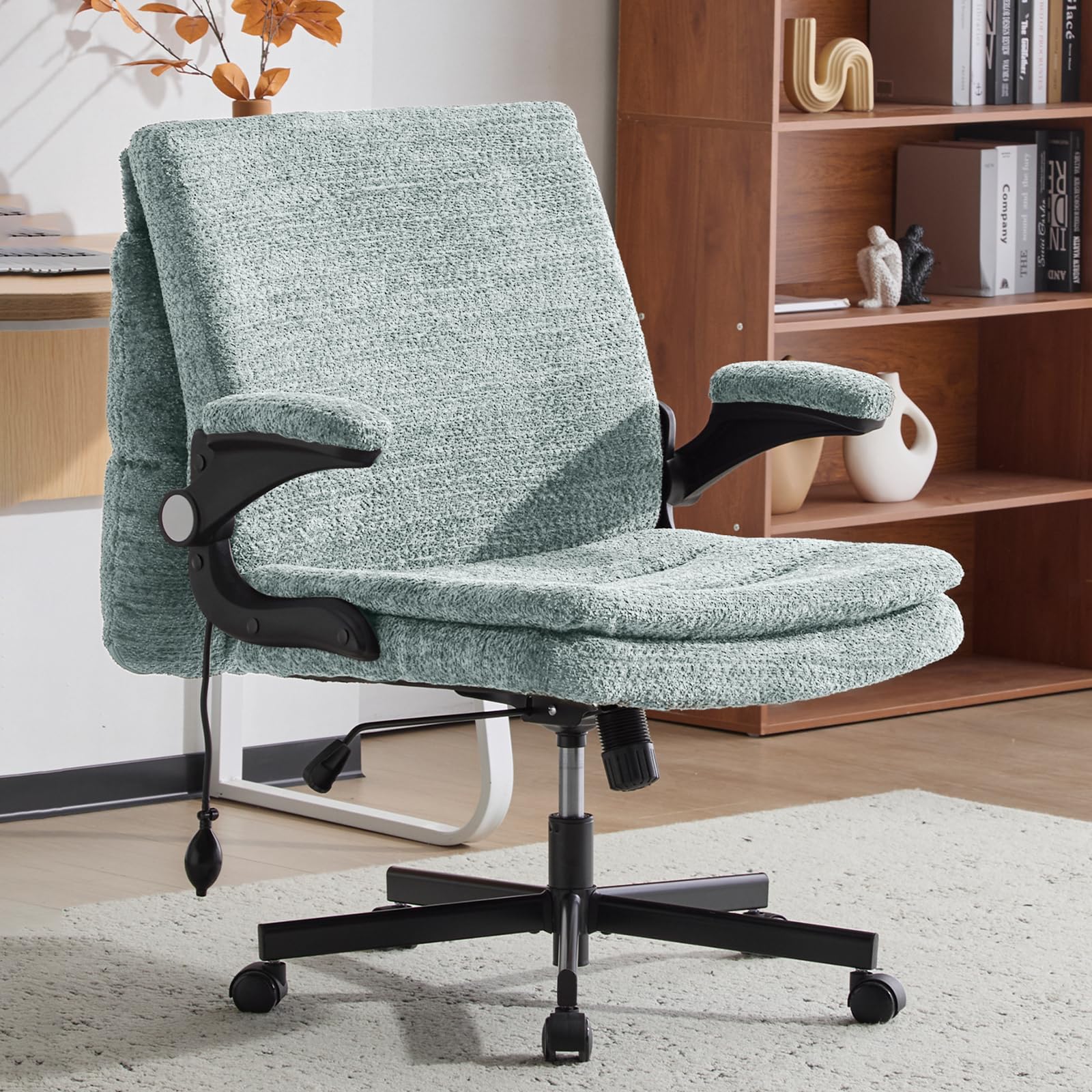 Criss Cross Legged Office Chair with Flip-Up Back Built-In Dynamic Airbag Lumbar Support, Wide Seat Desk Chair with Flip-Up Arms and Wheels, Modern