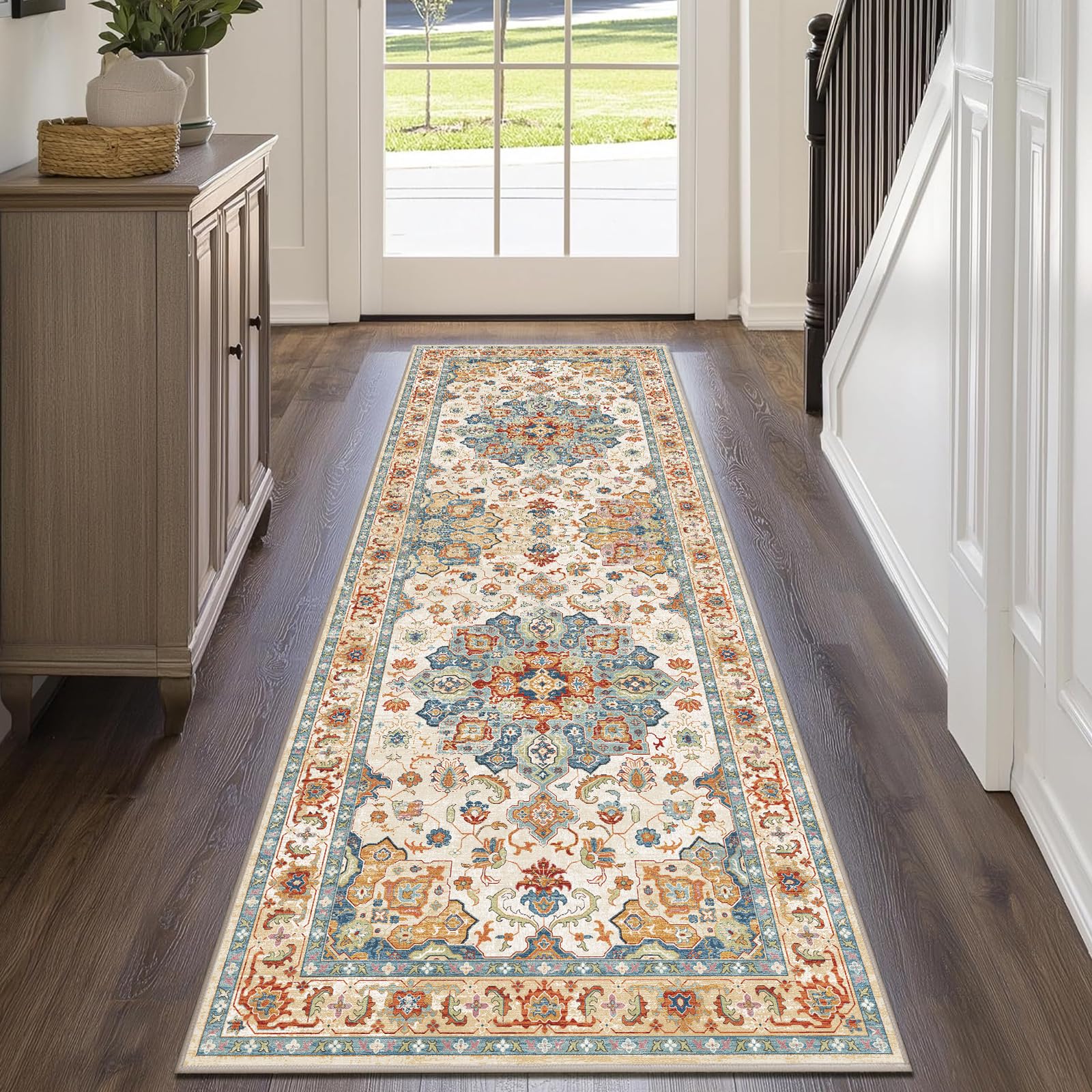 Cycleader 80x200cm Non-Slip Washable Runner Rug for Hallway, Vintage Boho Faux Cashmere Carpet Anti-Fatigue Kitchen Rugs Indoor Soft Long Floor Mat Low Pile Runners with Anti-Slip Backing for Bedroom