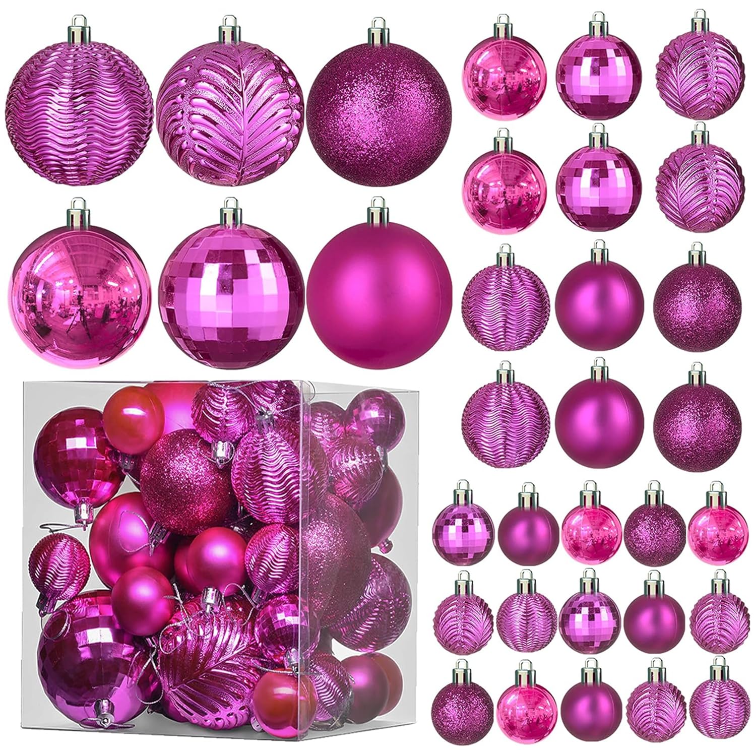 Prextex 36-Pieces Fuchsia Pink Christmas Ornaments Set - Shatterproof, Festive Christmas Balls Decorations in 3 Sizes and 6 Styles with Hanging Loops for Tree, Wreath, and Dazzling Holiday Party Decor