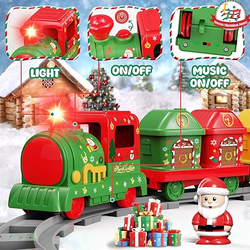 Vista 3 de Juego de tren para niños pequeños de 2 a 4 años, tren de Navidad para alrededor del árbol, con música, luz, pista, marionetas y granero, cumpleaños
