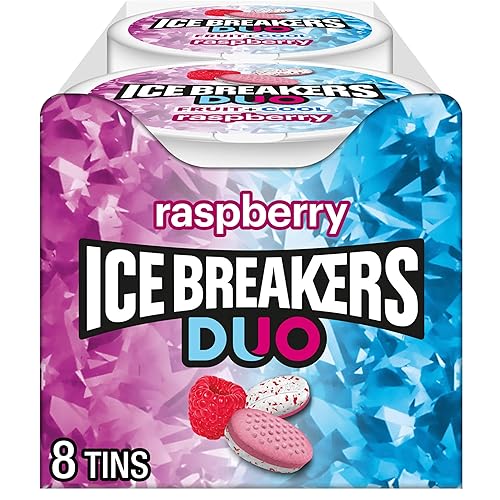 ICE BREAKERS DUO + fruta fresca mentas sin azúcar (frambuesa, 1,3 onzas de contenedores, pack de 8)