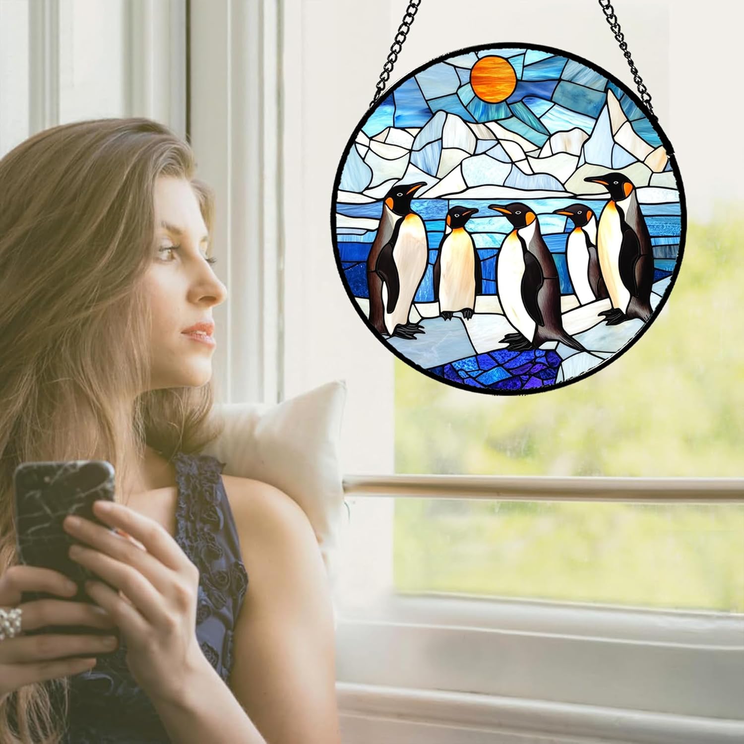 Stained Glass Window Hanging Cute Penguin Antarctic Scenery Large 15" - Suncatcher Door Garden Sunroom Sun Catcher Home Decor Birthday Christmas for Mom Men Woman Nana