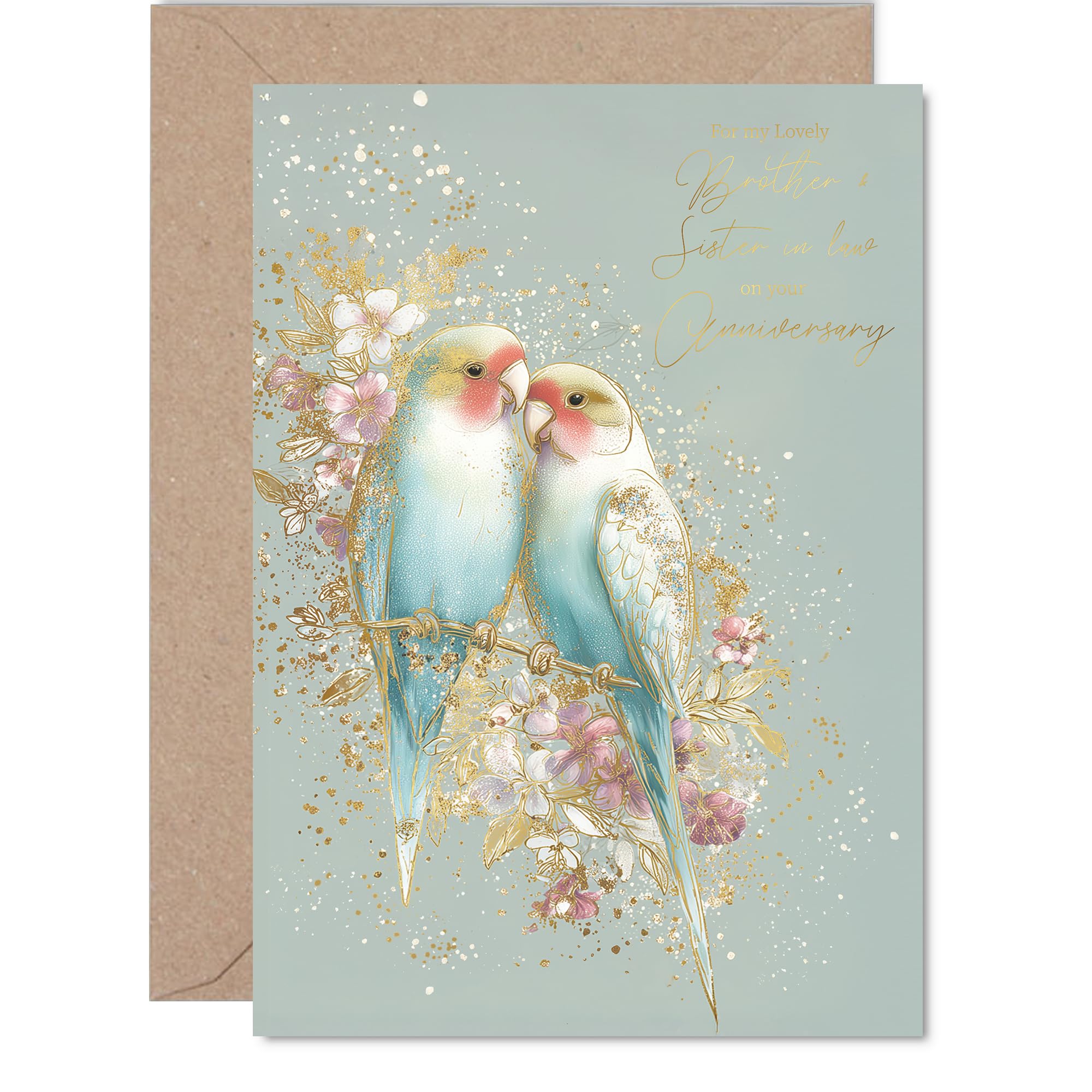 Gold Brother & Sister in Law Anniversary Card - Pastel Love Birds - Happy Anniversary Card for Brother from Sister Sibling, A5 Golden Anniversaries Greeting Cards
