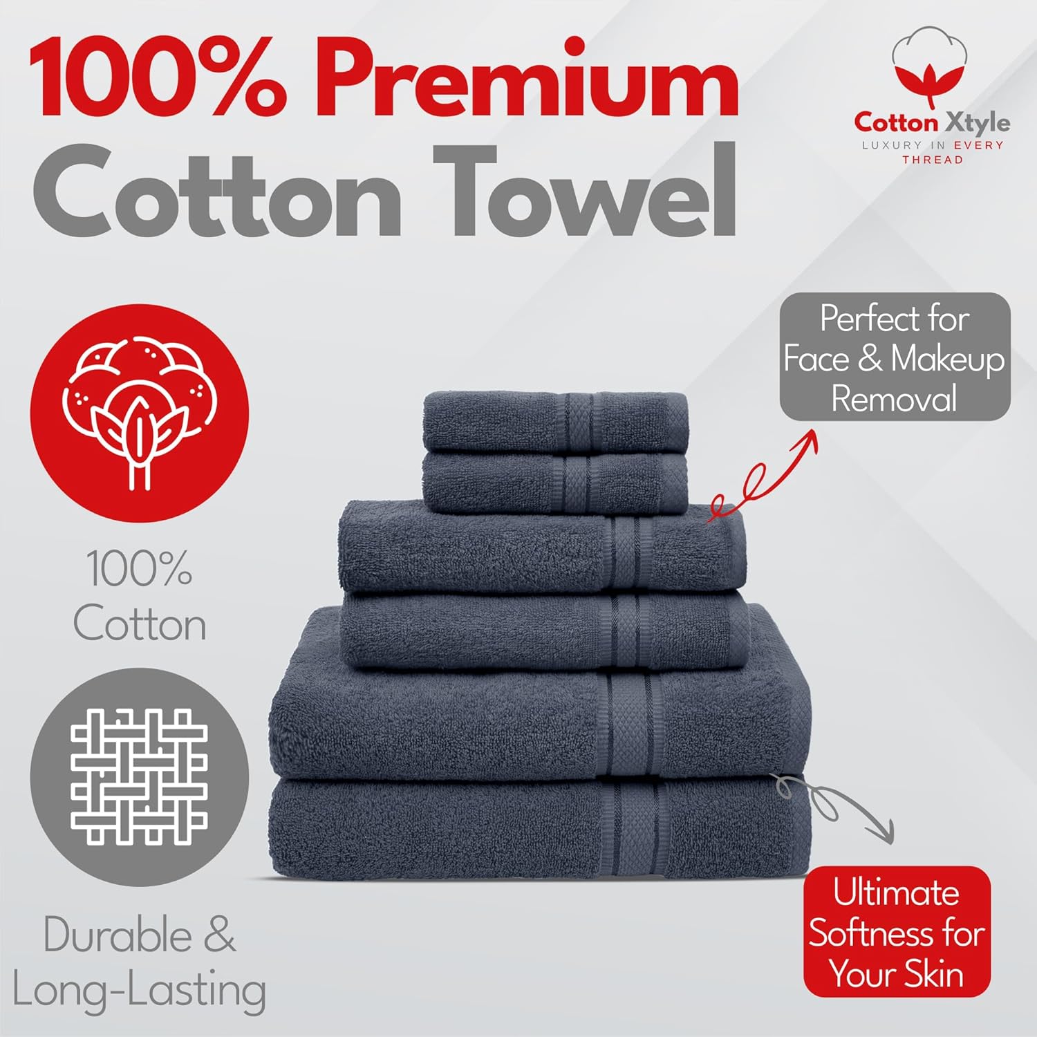 Luxury 100% Cotton Towel Set (Gray, Pack of 6)