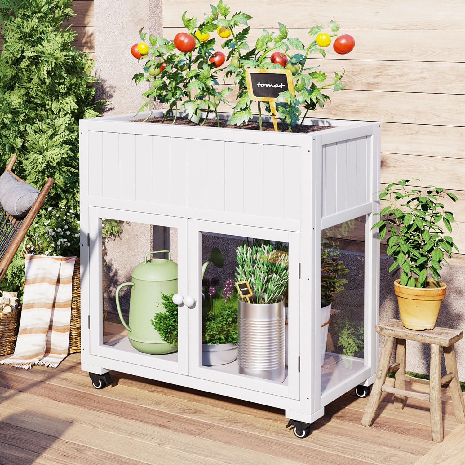 Patio 35.4"X17.7"X37.4" Mini Wood Cold Frame White Polycarbonate Doors & Greenhouse Effect Balcony, Patio, Garden Weather-Resistant Outdoor Garden Solution