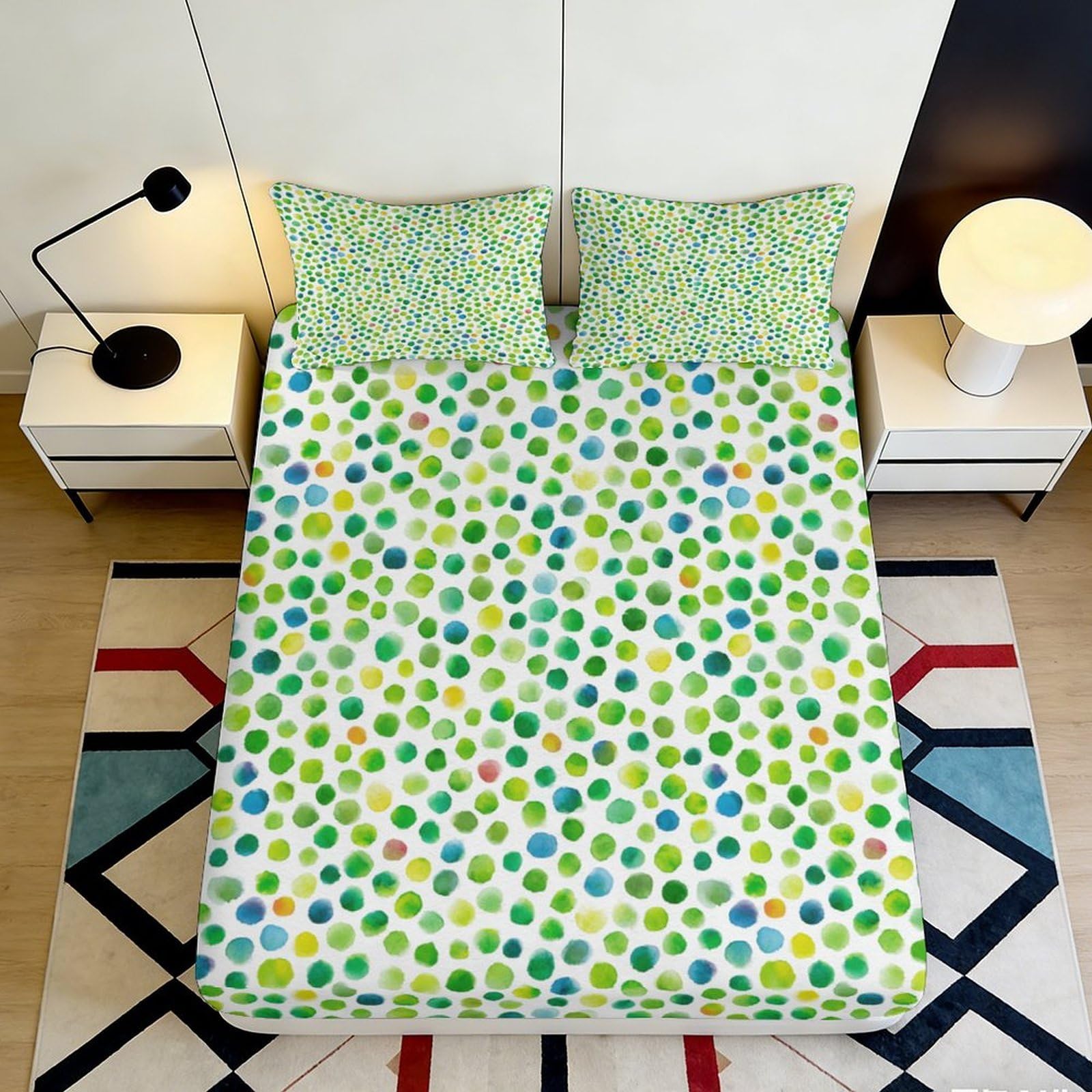 Rqzkjxnhpf Style-3 3D Printed Green Dots Fitted Sheet Microfiber Deep Pocket Bedroom Bedding Green Dots Mattress Fitted Cover Non-Slip Elastic Hem Washable Full Wrap 200X200x25cm 90X200x25cm