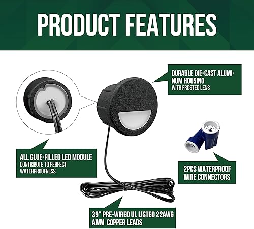 Miniatura 3 de GKOLED Paquete de 12 luces LED empotrables de bajo voltaje, 0.94 mini iluminación de paisaje de media luna para poste de barandilla de escalera de