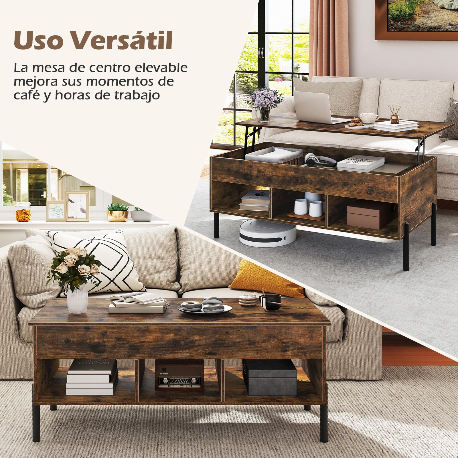 COSTWAY Mesa de Centro Elevable, Mesa Central de Café con Tablero Elevable, Amplio Compartimento Oculto y 3 Espacios Abiertos, Mesita de Cóctel con Patas de Metal (Café)