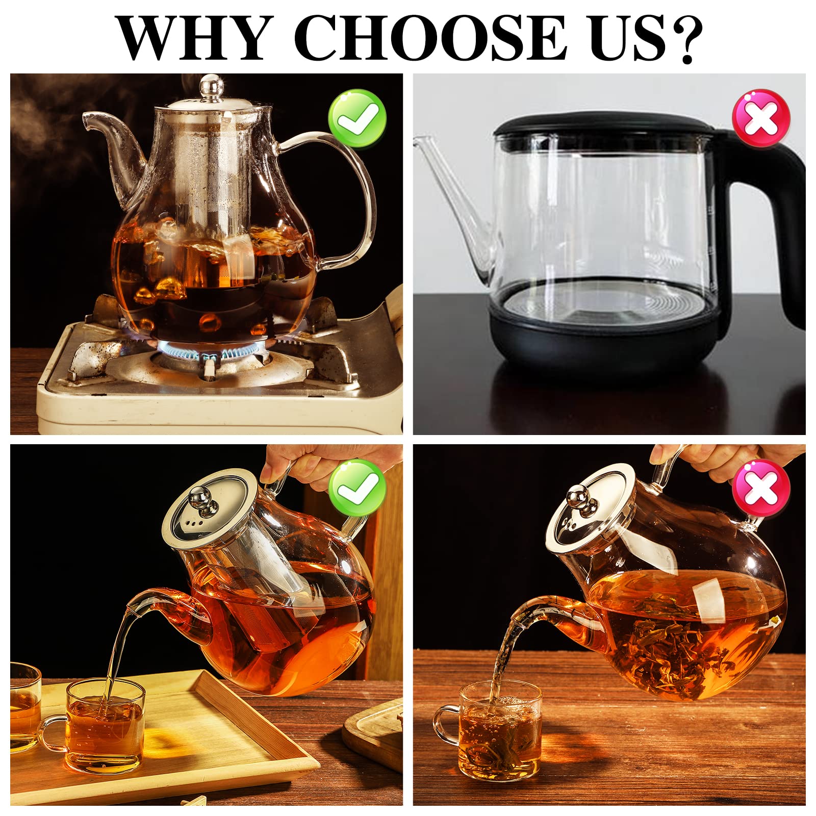 Glass Teapot with Infuser, 53OZ Teapot with Removable Infuser, BELIBUY Glass Stovetop Teapot Kettle with Stainless Steel Lid, Blooming Turkish Loose Tea Infuser Teapot, Microwaveable & Dishwasher Safe