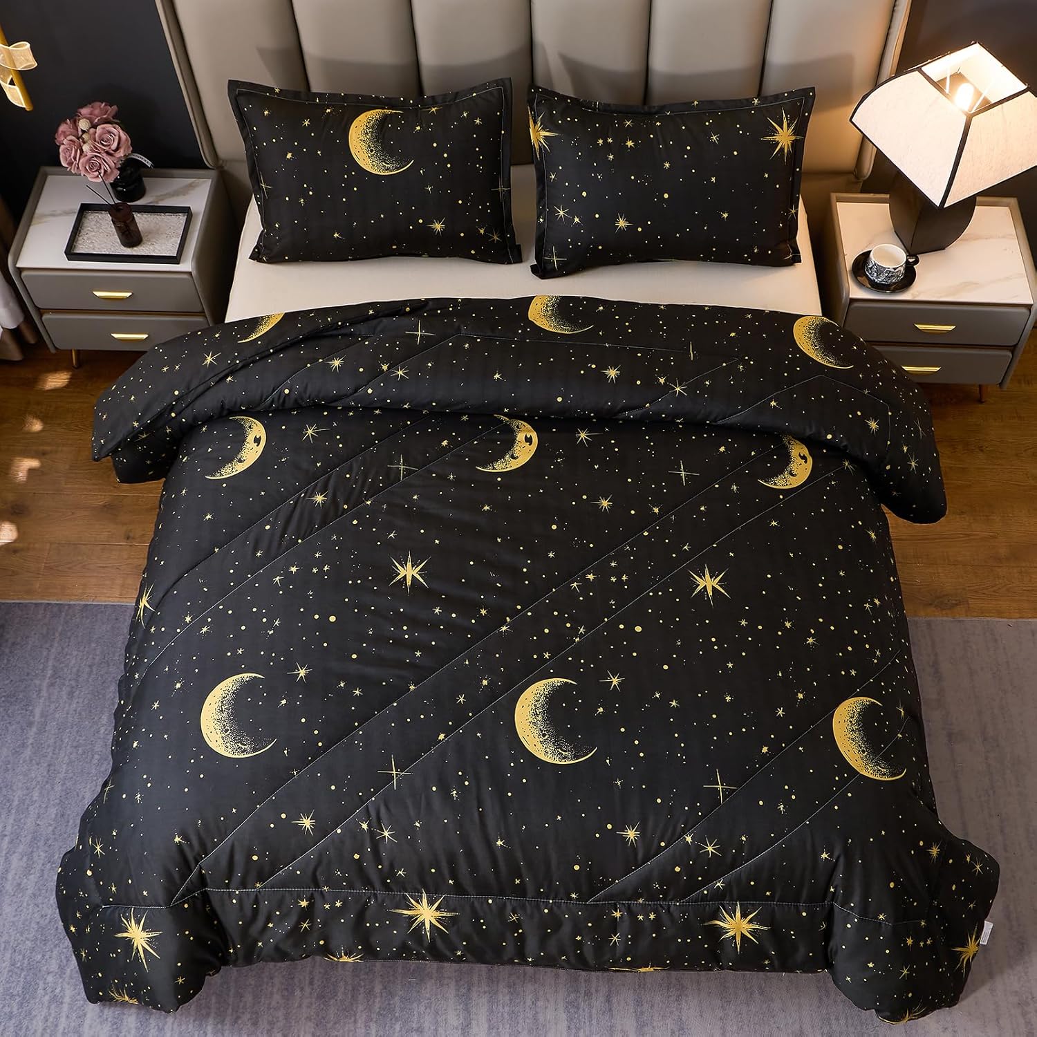 Caressma Black Comforter Moon Star Teen Boy Girl Galaxy Bedding Queen Size Microfiber Set 3 Pieces with Pillowcases for All Seasons