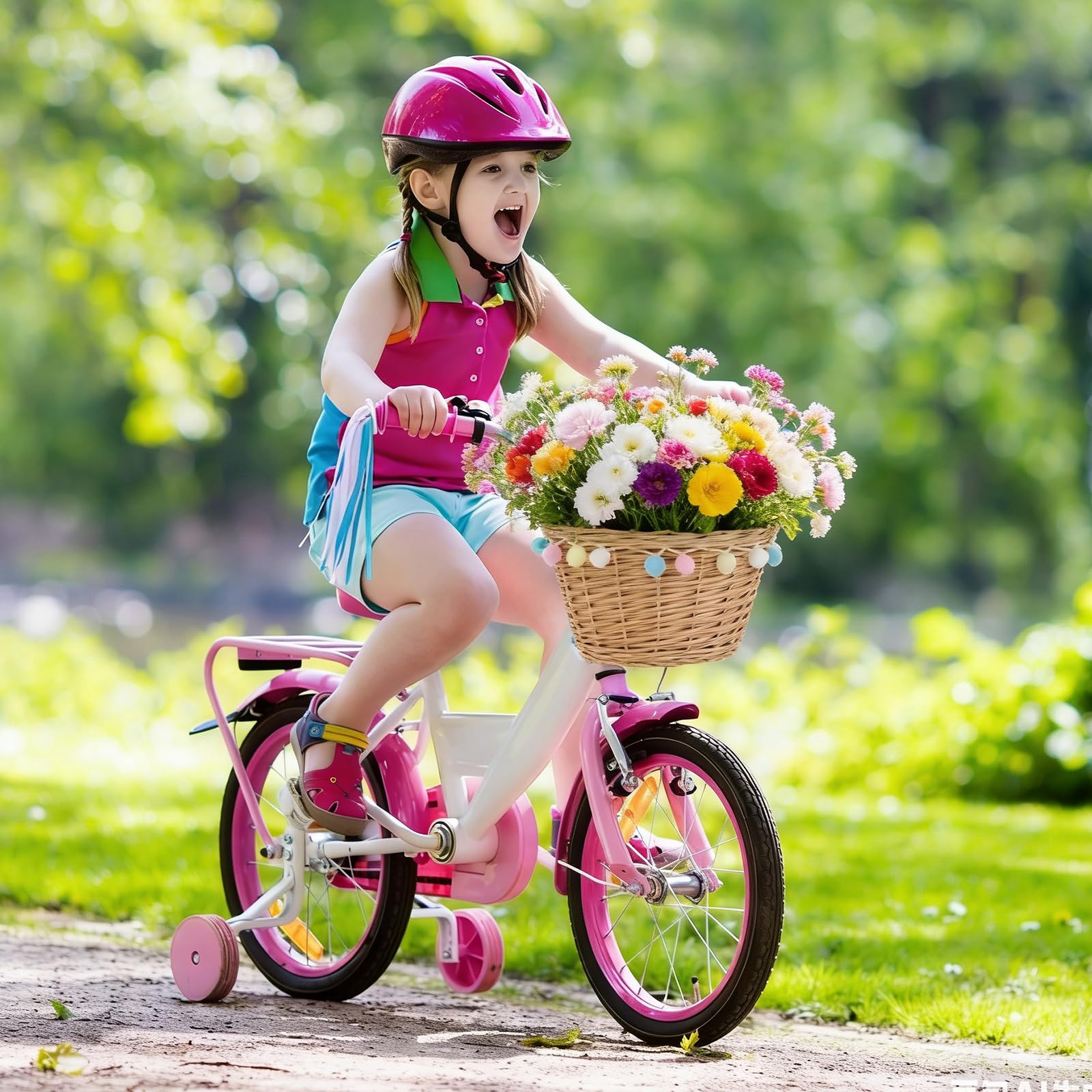 Cestino Bici Bambino, Tessuto a Mano Bambini Cestino in Vimini per Bicicletta, Cestino Bicicletta Anteriore con Cinghie in Pelle E Pompon Colorati per Bambini, 9,8 X 7,5 X 6,7 Pollici