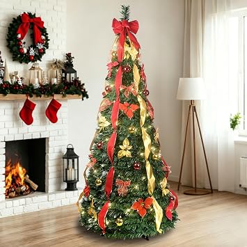 6ft Pre-lit Pop Up Christmas Tree with Lights, Pre-Decorated, Green