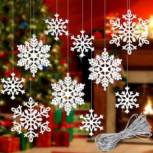 Whaline 40 adornos de copo de nieve de invierno con purpurina blanca, decoraciones colgantes de Navidad con cuerda plateada de 197 pulgadas para