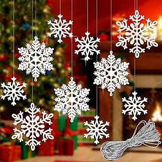 Whaline 40Pcs White Glitter Snowflake Winter Snowflake Ornaments Christmas Hanging Decorations with 197 Inches Silver Rope...