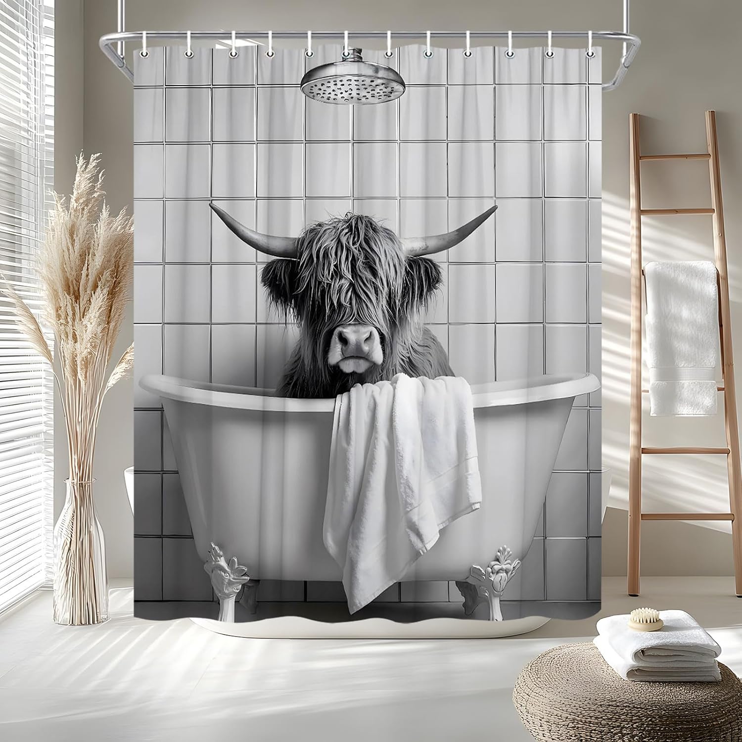 Funny Highland Cow Shower Curtain Black and White Cattle Bathing in The Bathtub Humor Western West Farmhouse Bull Wildlife Bath Curtain Fabric Bathroom Accessories Decor with Hooks 70W x90L
