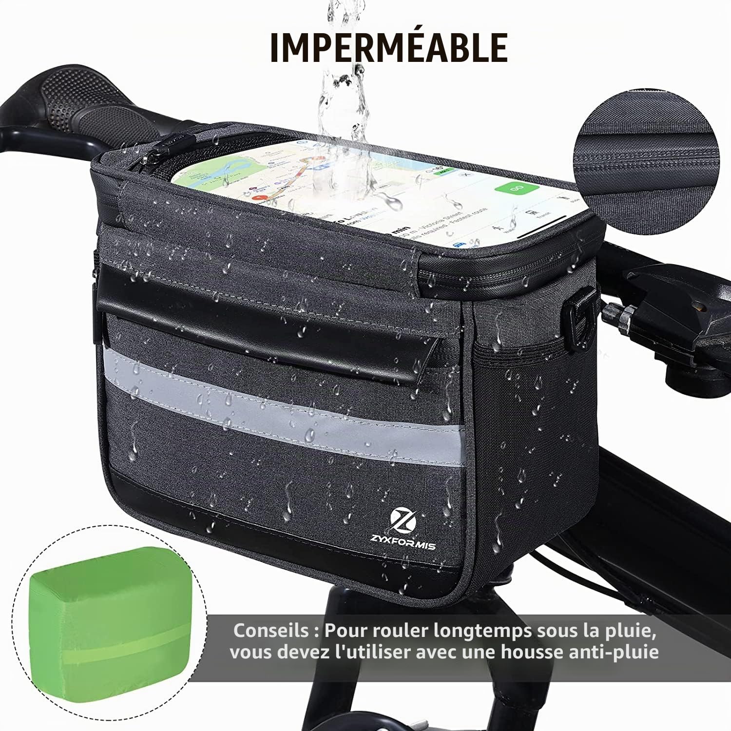 Sacoche de Guidon 6L Étanche avec Écran Tactile - Sac Avant de Vélo et Filet - Support de Téléphone avec Bandoulière