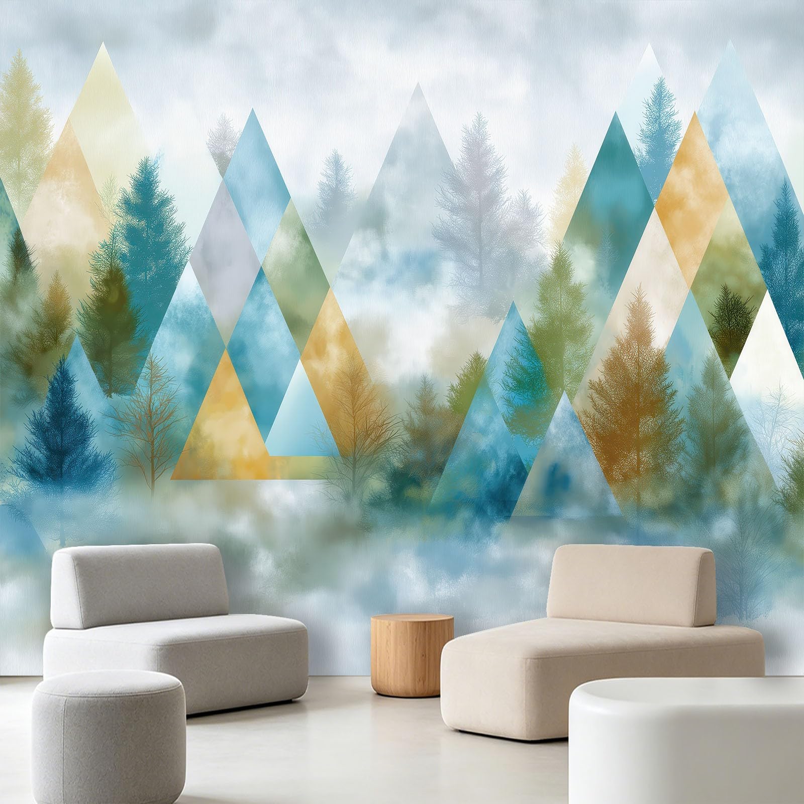 Générique Trójkątna tapeta las mgła gruba 350 x 256 cm plakat na ścianę olbrzymi 3D, skandynawski minimalistyczny ścienny, tapeta z włókniny freskowej do salonu, sypialni i kuchni