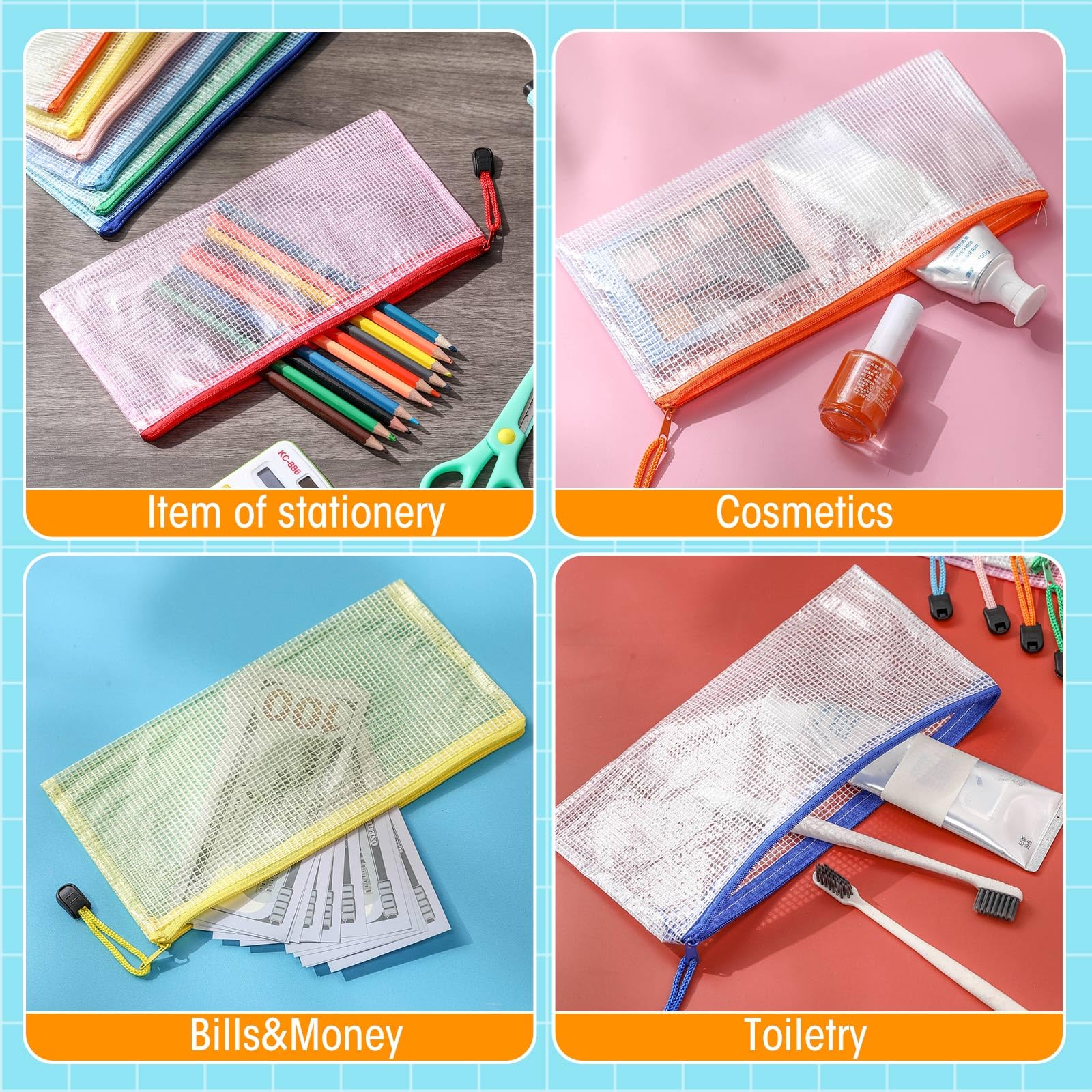 Zhehao 300 sacchetti A6 in rete con cerniera, multiuso, con cerniera, con cerniera, impermeabili, piccoli sacchetti di plastica per scuola, ufficio, organizzazione 24 x 11,5 cm (multicolore)