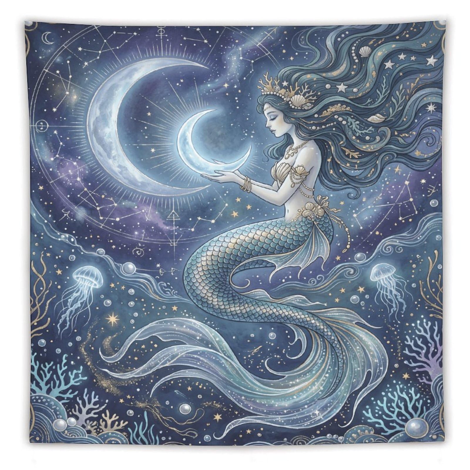 W7C8U2X3 Crescent Moon Mermaid Wall Tapestry, Surrealist, Entryway