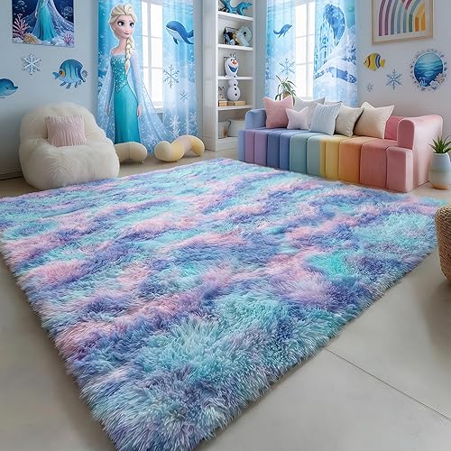 Amdrebio alfombras azules y púrpuras de arcoíris de sirena para decoración de habitación de niñas, alfombras de área de 5 x 8 pies mullidas y kawaii