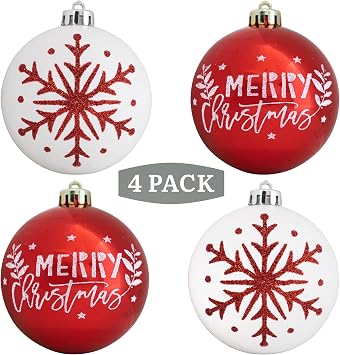 Red & White Christmas Tree Ornaments - Set of 4 Shatterproof Balls