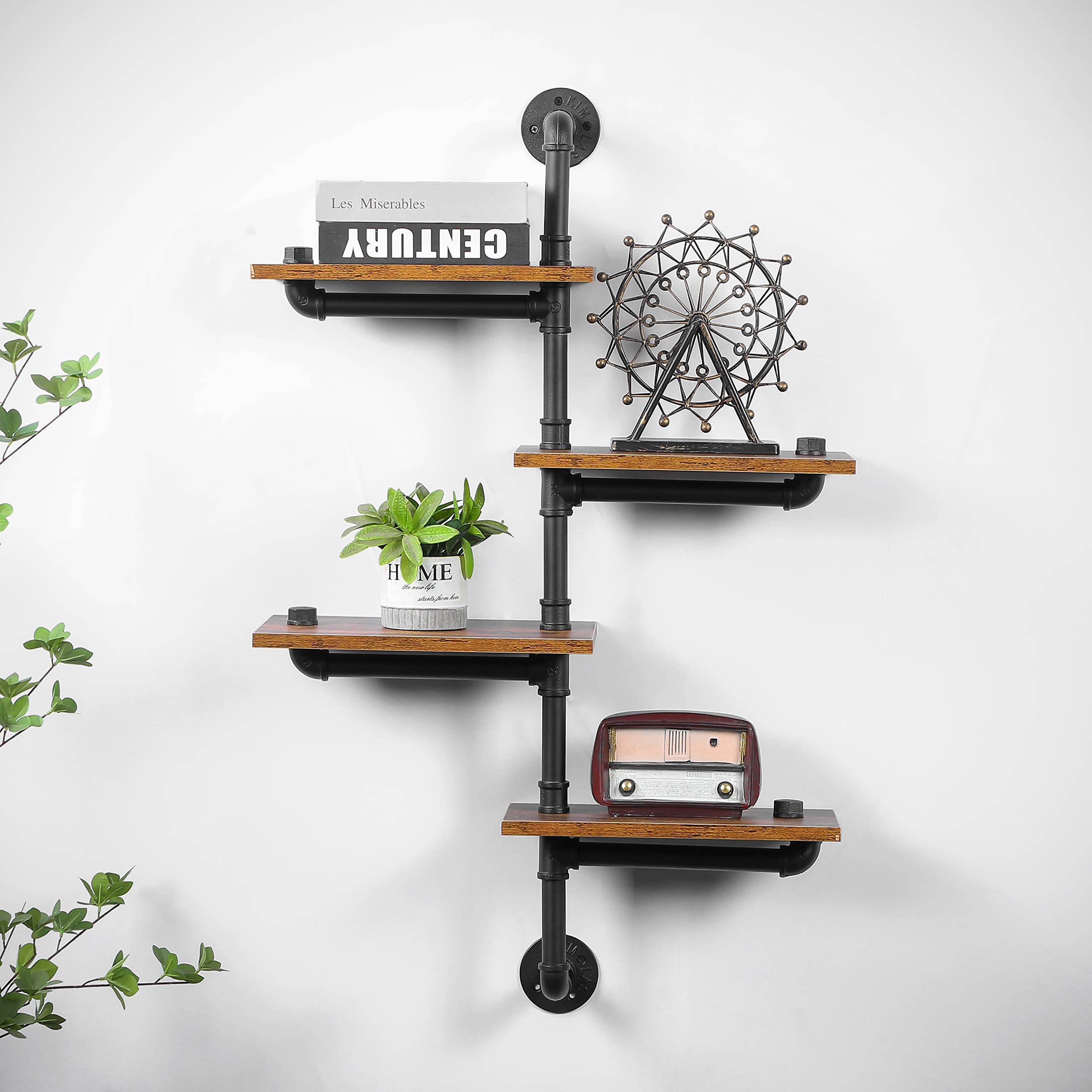 POLUNCA Industrial Pipe Shelving, Retro Rustic Wall Mounted Floating Shelves with Wood Planks for Bar, Kitchen, Living Room, Perfect for Home Decor and Organizing