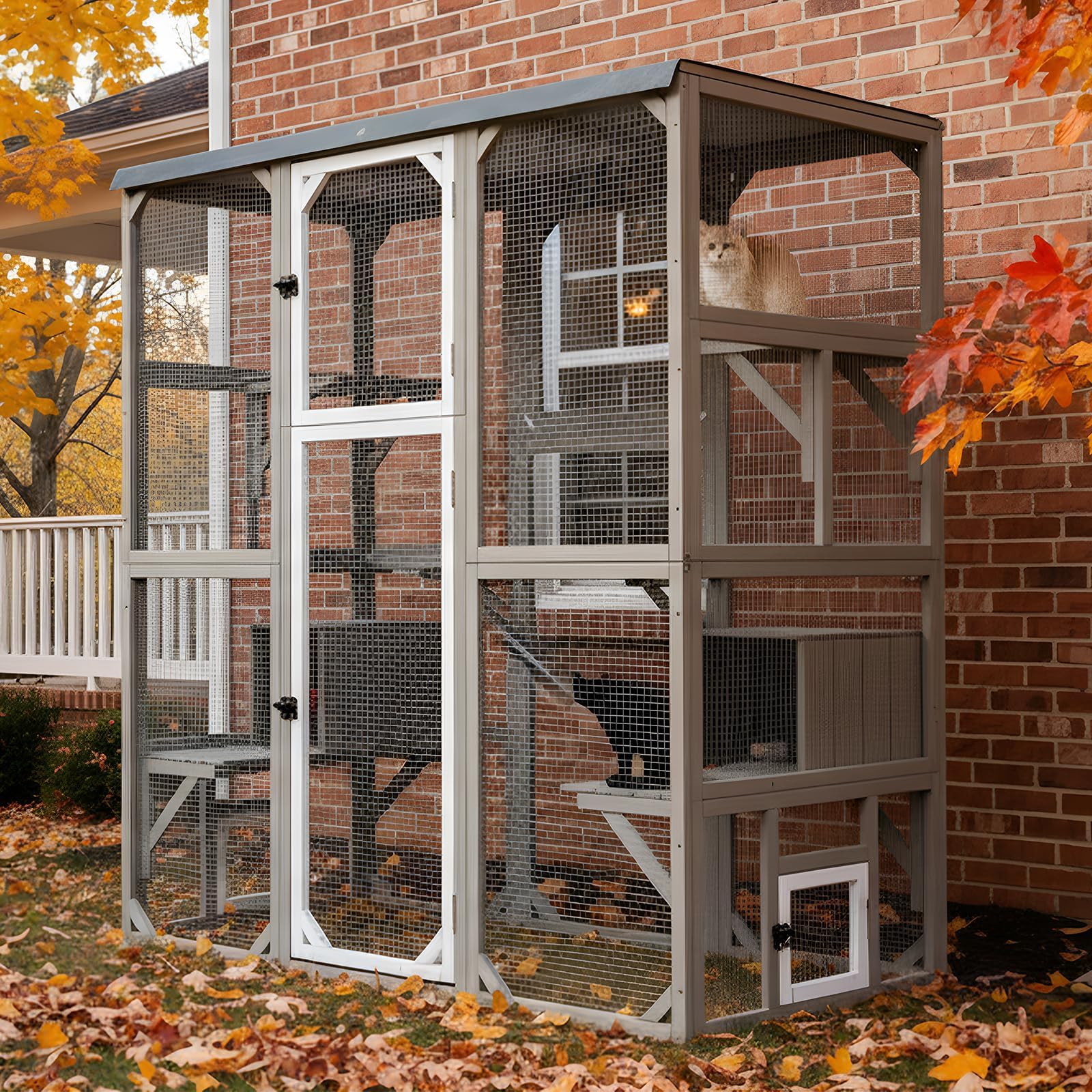 Large Outdoor Cat Catio Enclosures, Wooden Catio Window Cat Patio for Cats Feral with 5 Platforms, 2 Resting Rooms, Waterproof Cover