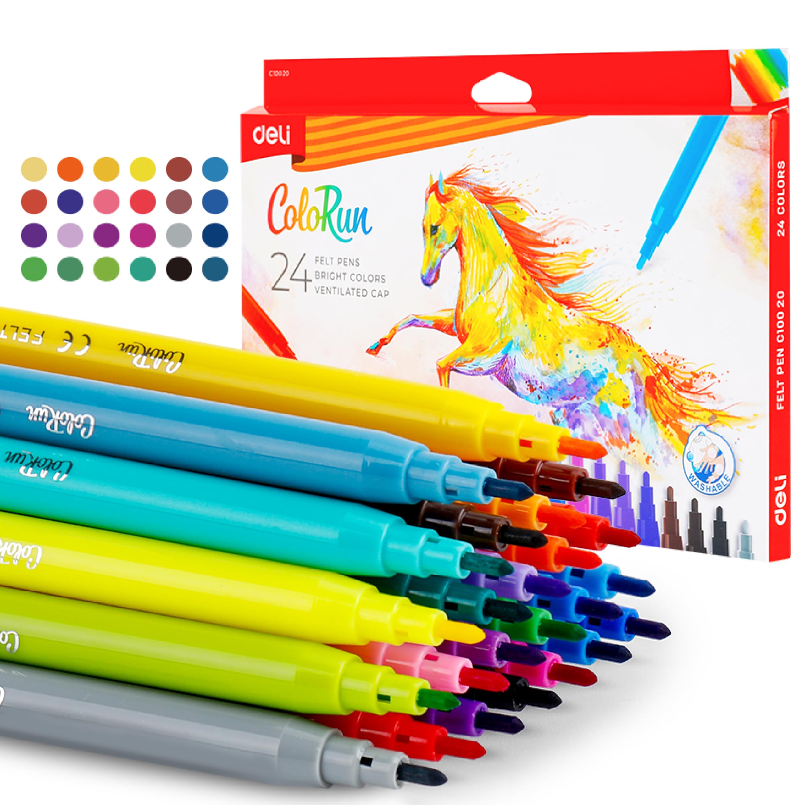 deli Felt Pen 24 Colours - Bright Coloured Felt-Tip Pens for Adults & Kids, Dual Tip, Thin & Thick Nibs, Watercolour & Colouring Pens Set