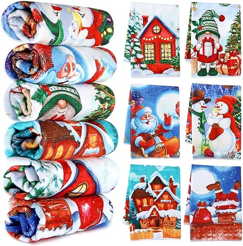 6 toallas de mano decorativas de Navidad bordadas con Papá Noel, reno, muñeco de nieve, árbol de Navidad, toallas de baño de tela para el hogar,