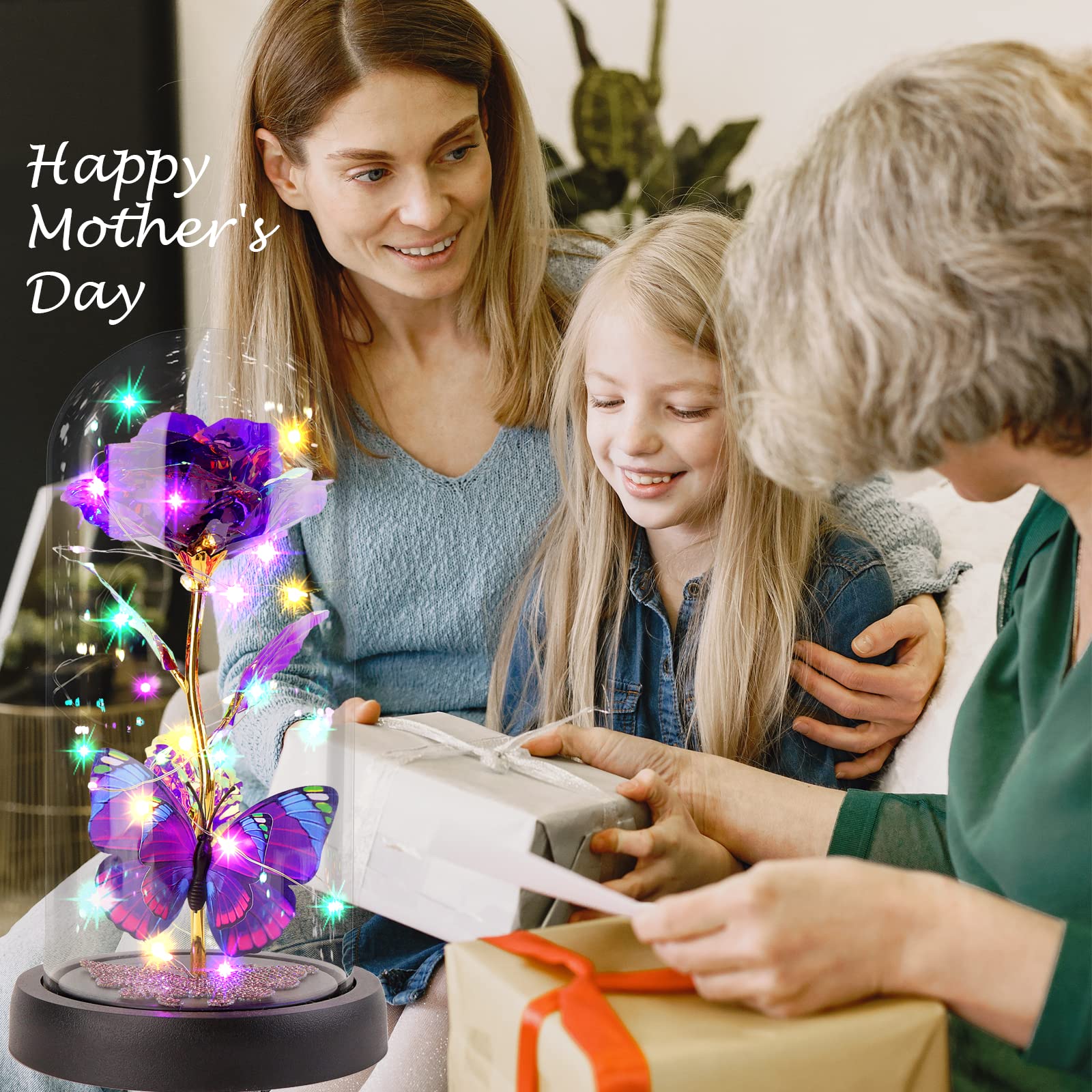 Valentines Days Rose Gifts for Mom, Galaxy Butterfly Rose in Glass Dome Light up Artificial Flower Rose Birthday Gifts for Women Grandma, Eternal Glass Rose Gift for Her Anniversary Wedding(Purple)