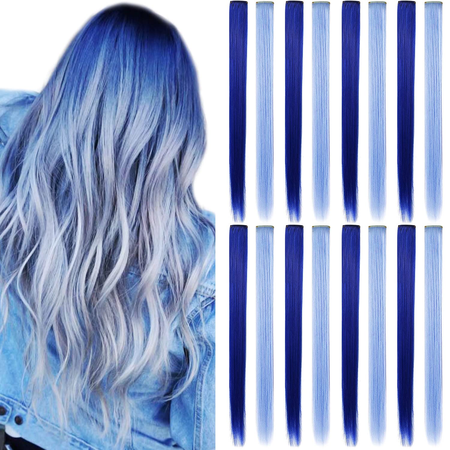 MQY COLOR 12 PCS Multi Colored Hair Extensions Clip in,Blue Hairpieces Party Highlights DIY Hair Accessories for Girls Women 21 Inches Long Hair (Dark blue,Light blue)
