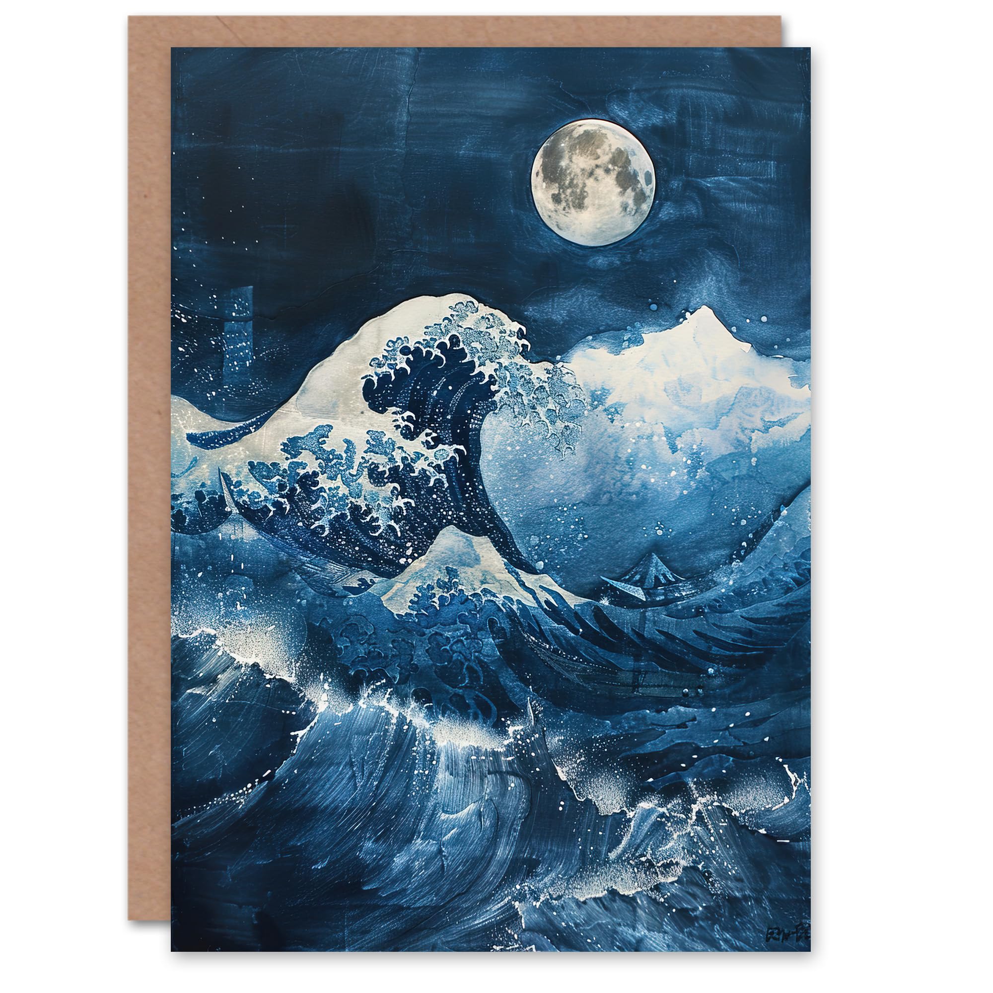 Artery8 Greeting Card The Great Wave at Full Moon Storm Sea Painting Blank For Him Or Her Art Birthday Card