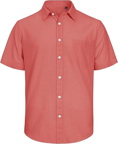 Miniatura 164 de J.VER Camisas de manga corta de lino y algodón para hombre, estilo informal, ligeras, con botones, para vacaciones, playa y verano, con bolsillo