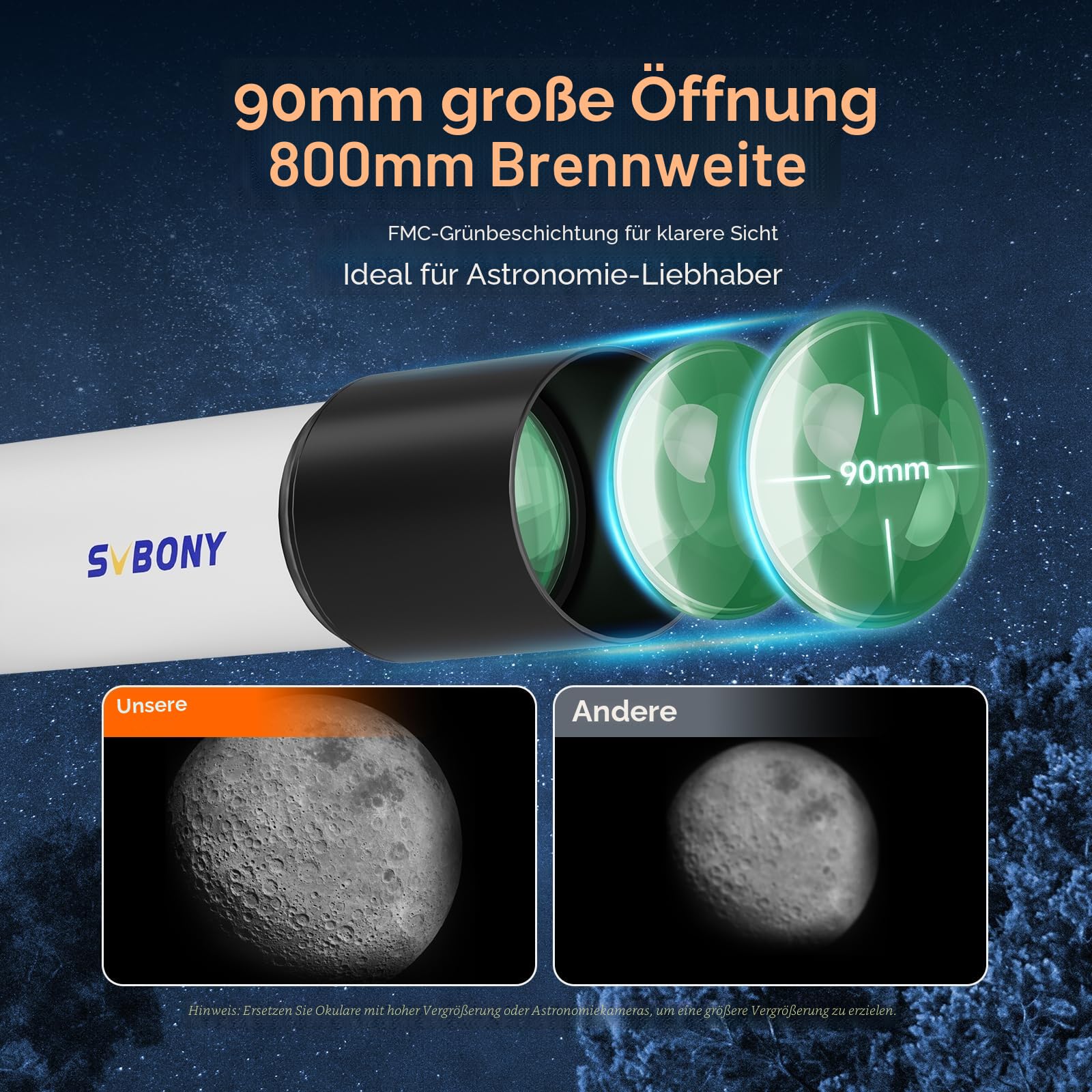 SVBONY SV520 Teleskop für Erwachsene, leistungsstark, 90 mm Blende, 800 mm Brennweite, Refraktor mit AZ-Halterung, Teleskop-Kit für Anfänger mit PL10, K25 Okular, Barlow-Linse, Telefonhalterung