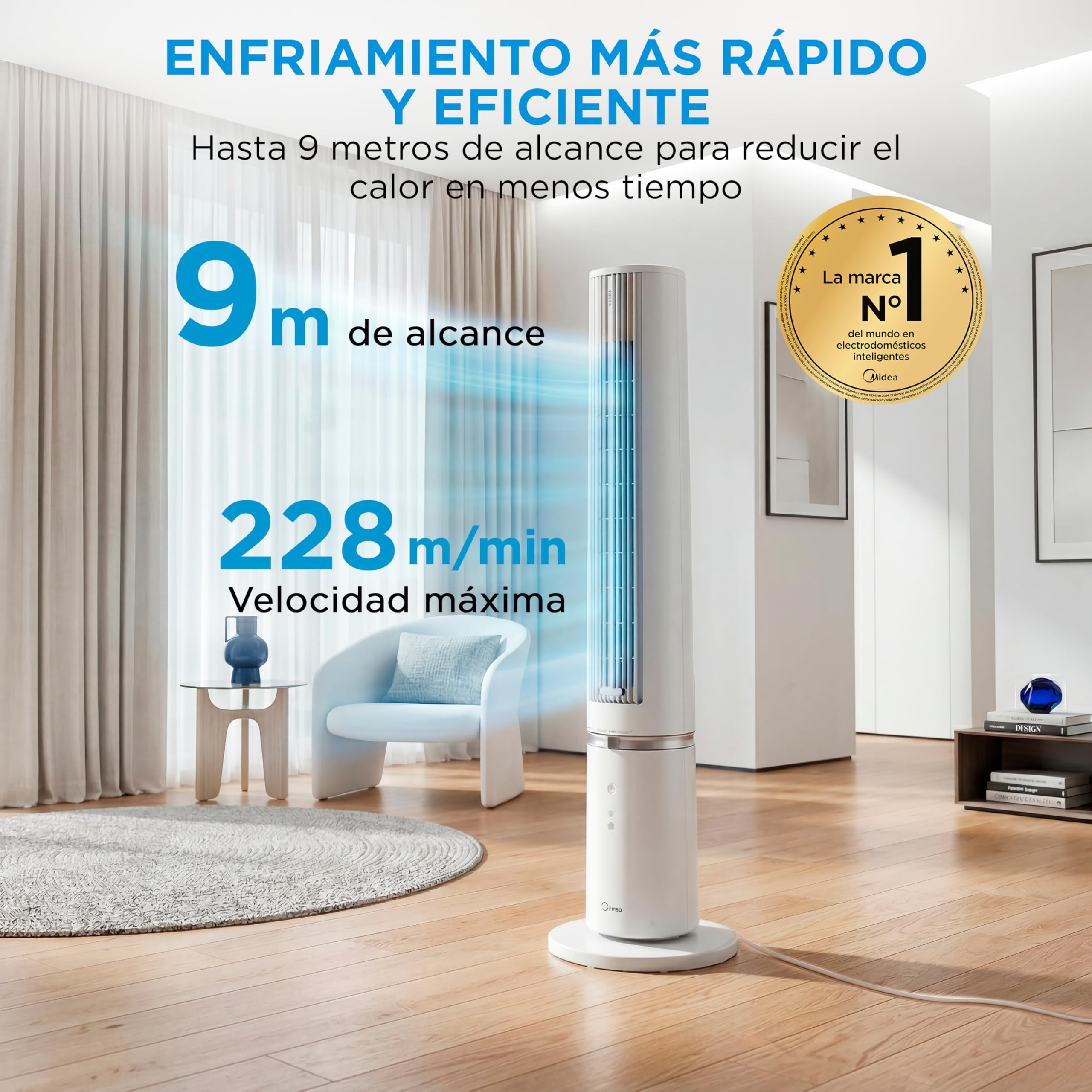 Midea Ventilador Torre con Mando a Distancia de 4 Velocidades - Ventilador de Torre Silencioso con Oscilación 90º, Temporizador 7h, Distancia 9m/s, 2 Modos, con Caja de Aromaterapia y Modo Sleep
