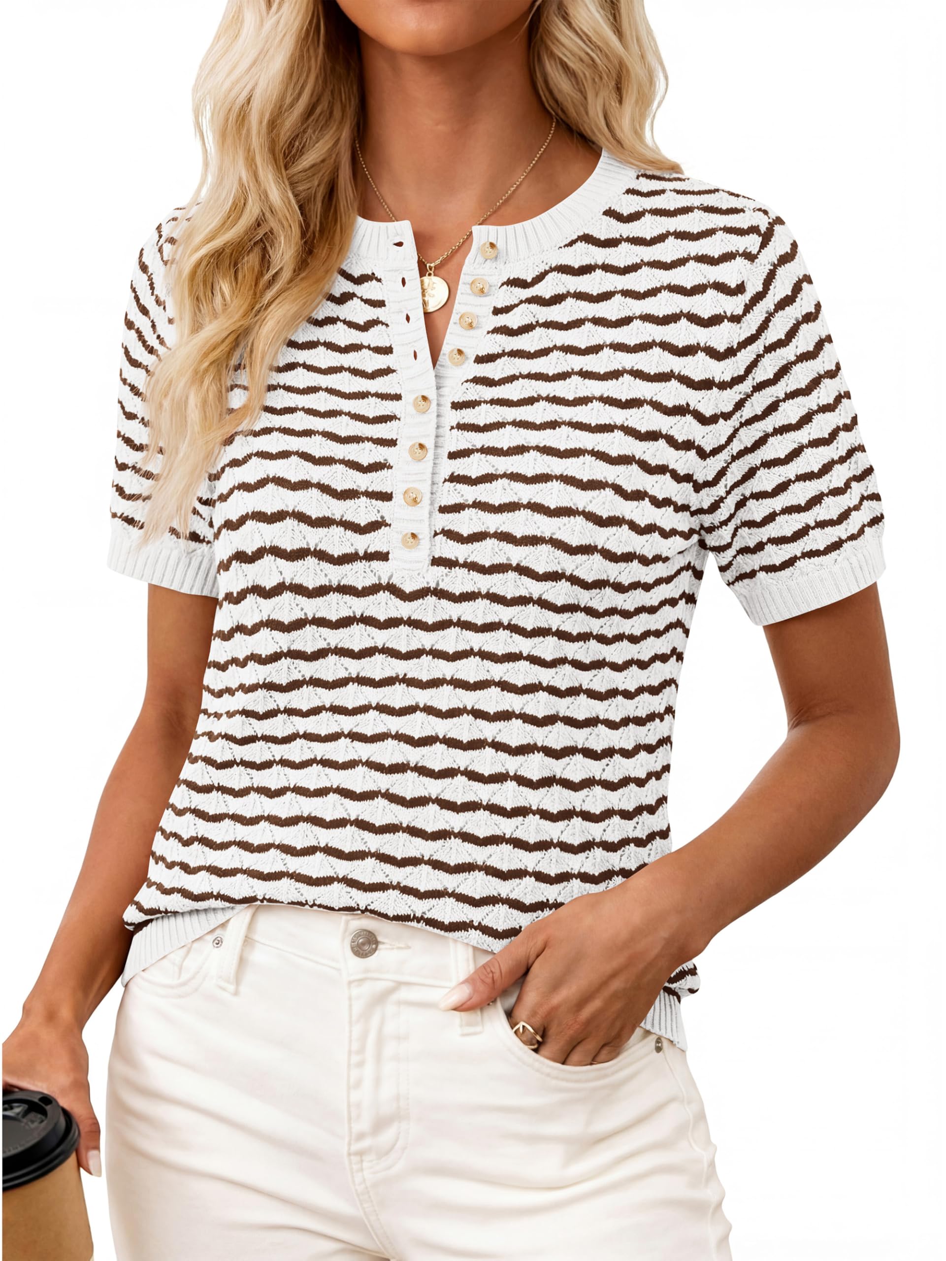 Womens Knit Summer Tops Button Short Sleeve Sweater Casual Crewneck Chevron Henley Shirts Dressy Work Blouses-image-12