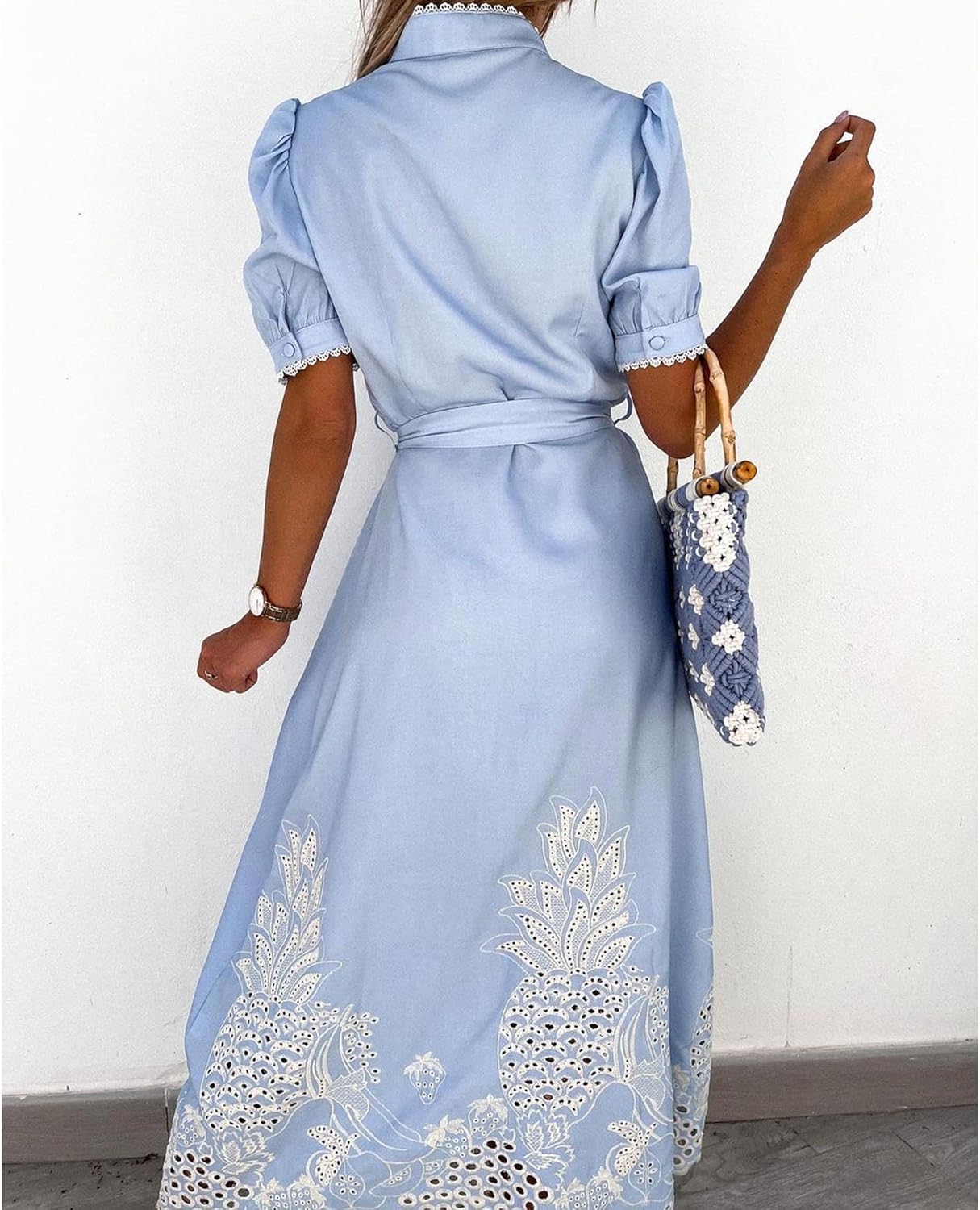 SOMTHRON Women's Embroidered Eyelet Shirt Dress Belted Puff Shirt Sleeve Button Down Boho Lace Swing Maxi Long Dress - Image 4