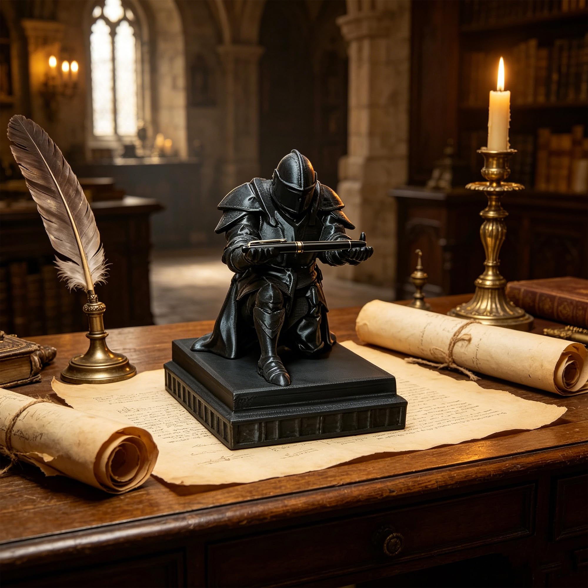 Photo 1 of [3D Printed] Soldier Shield Knight Decor Statue Pen Holder Base for Desk, Desktop Organizer Pencil Stand Display for Office, School, Home, as Gift for Men Father (Black)